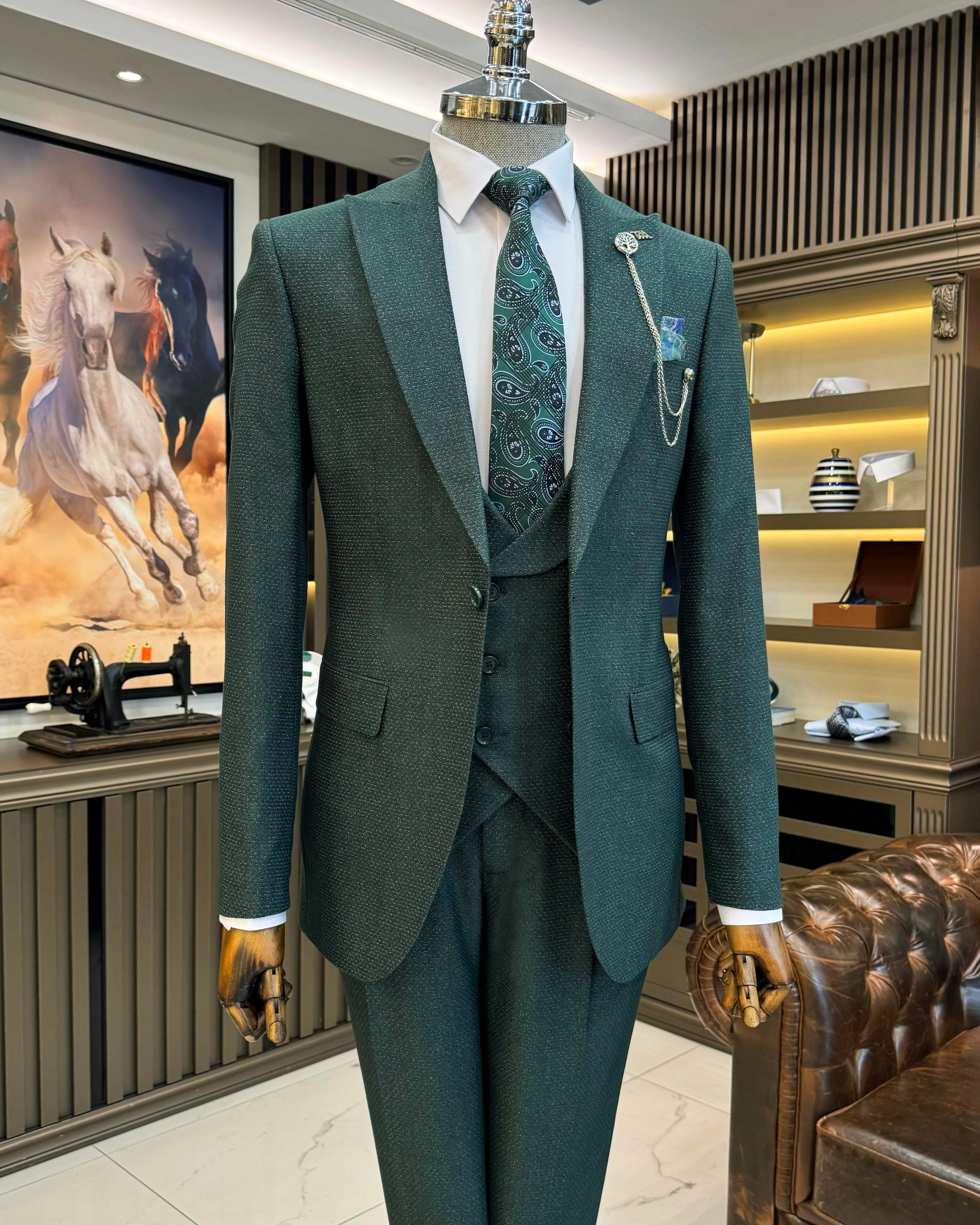 İtalyan stil slim fit ceket yelek pantolon takım elbise yeşil T10866