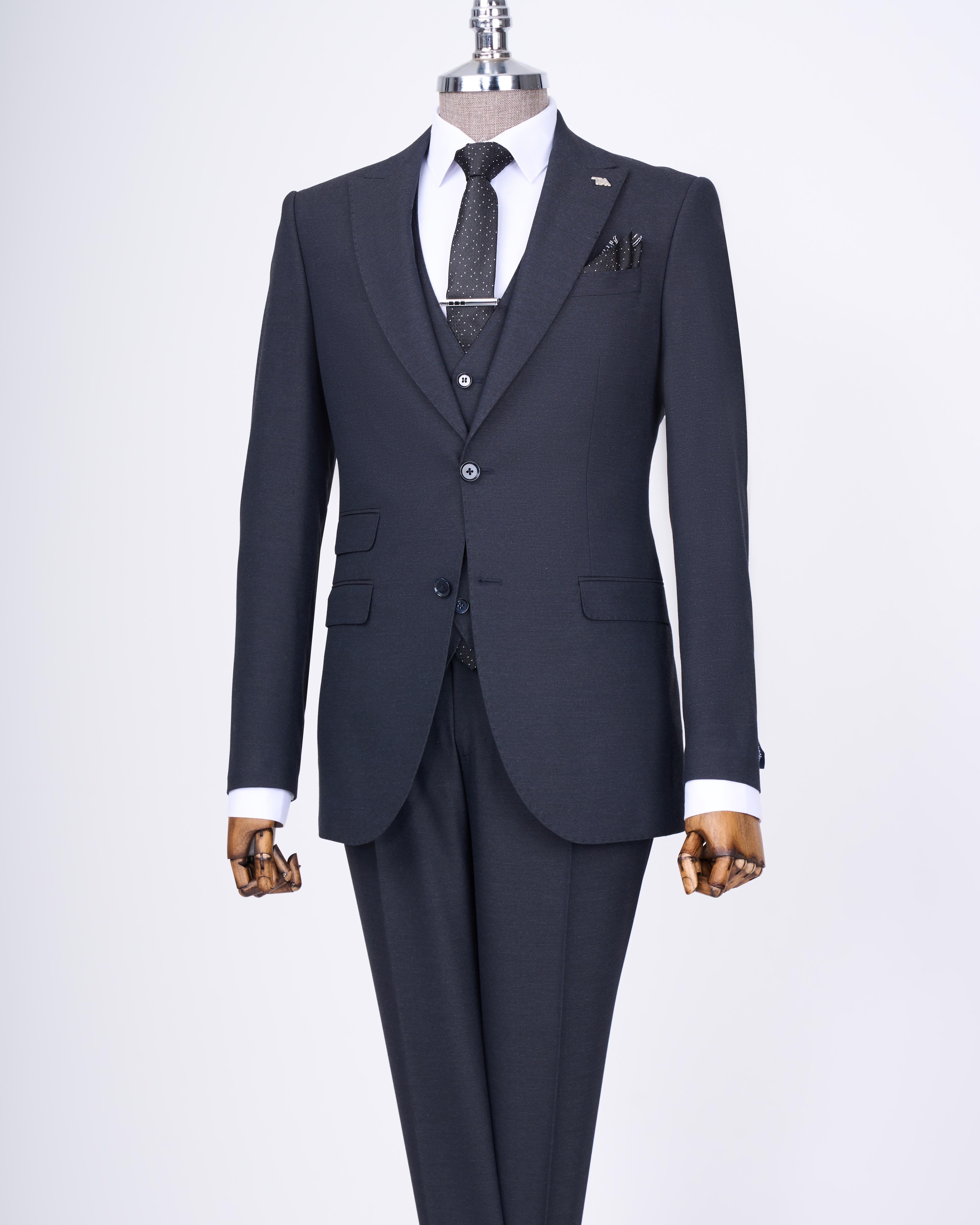 Italian style slim fit jacket vest pants suit navy blue T11394