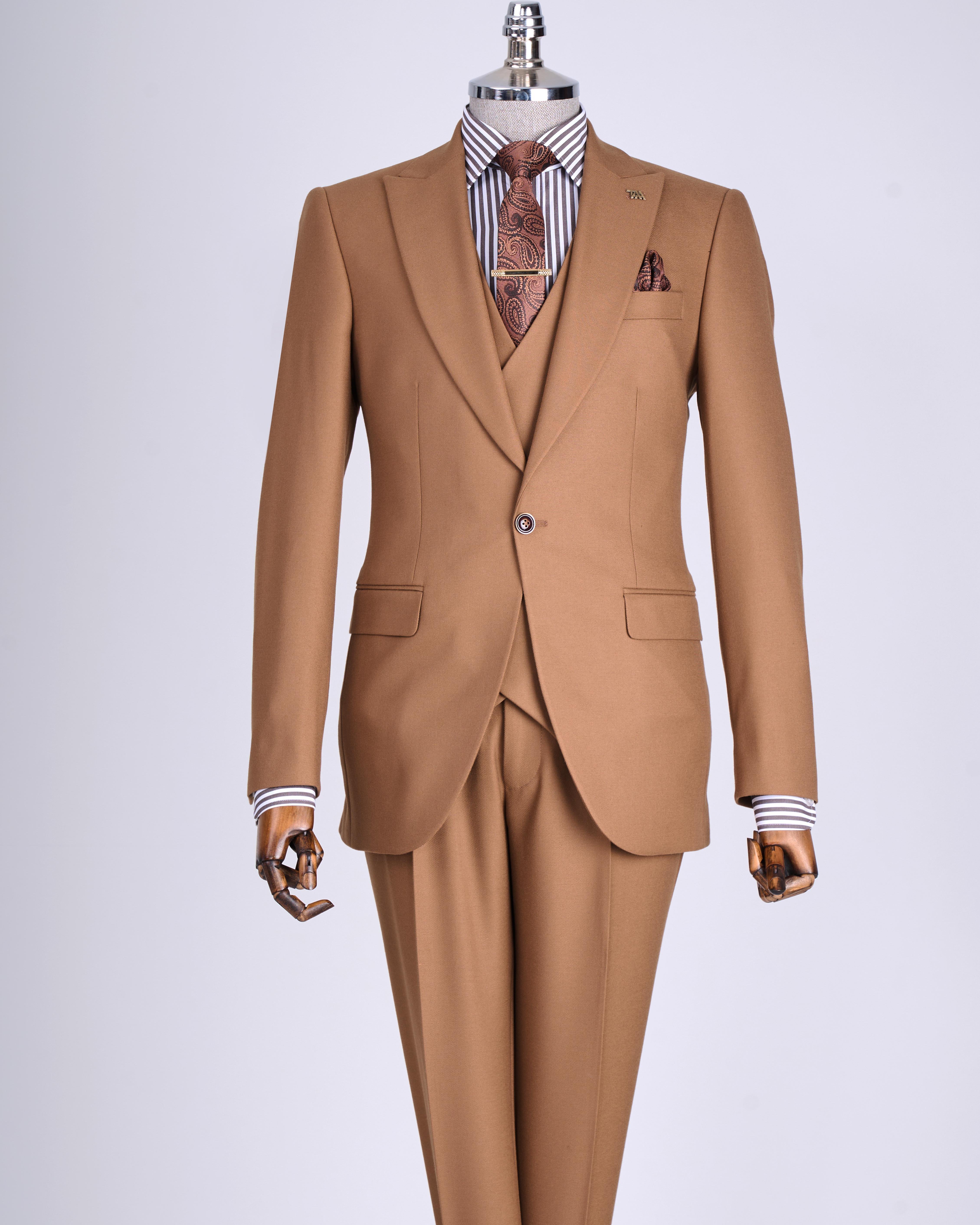 İtalyan stil slim fit ceket yelek pantolon takım elbise kahverengi T13502