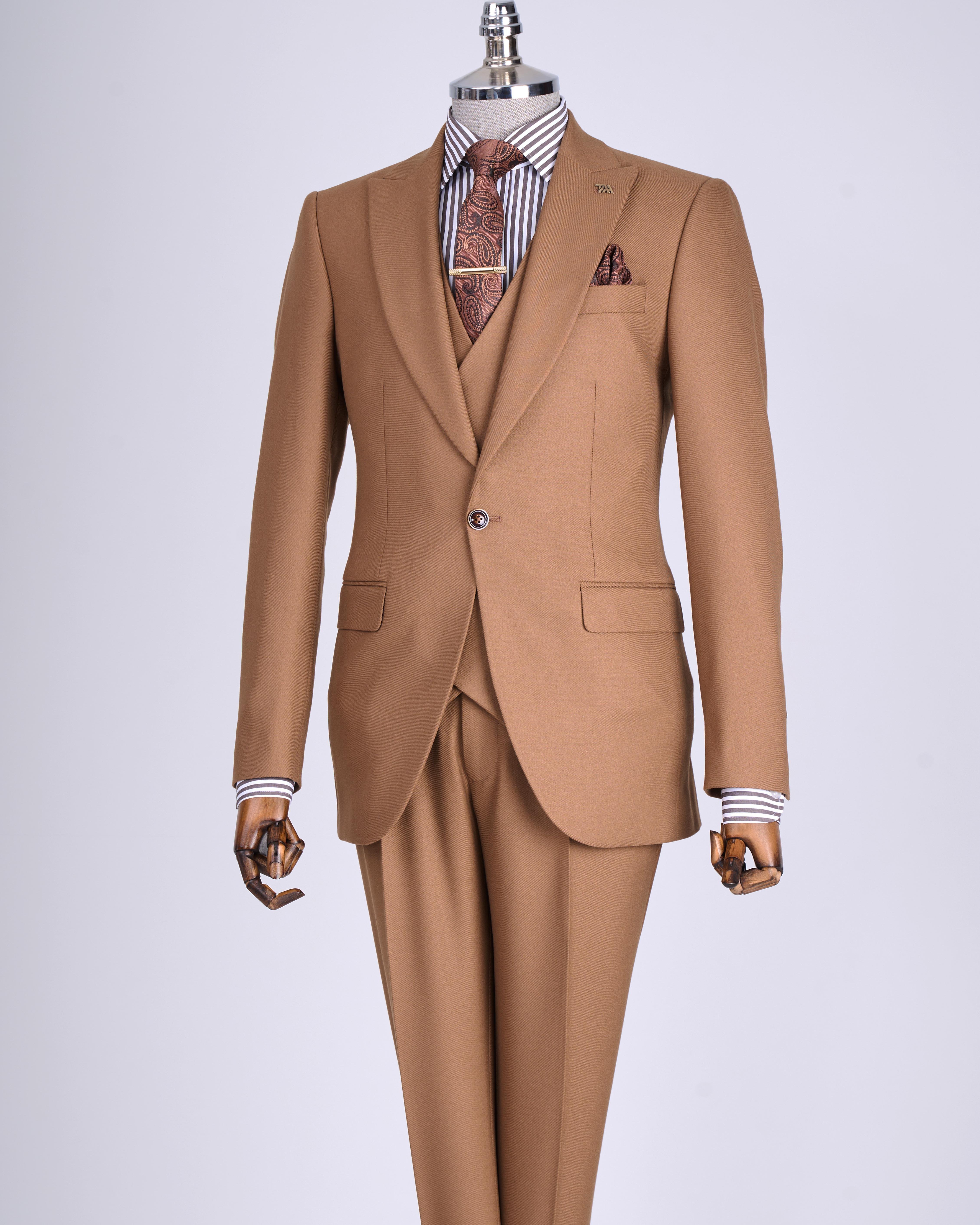 İtalyan stil slim fit ceket yelek pantolon takım elbise kahverengi T13502