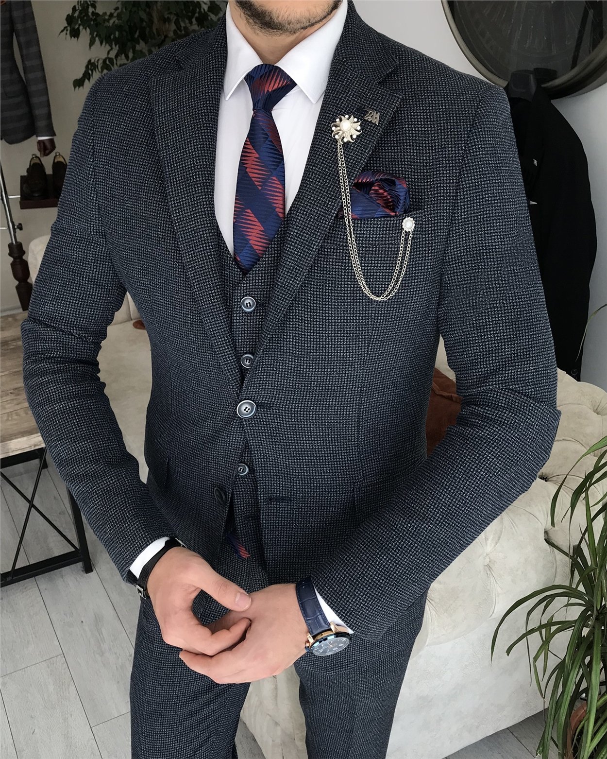 İtalyan stil slim fit ceket yelek pantolon takım elbise Lacivert T8358