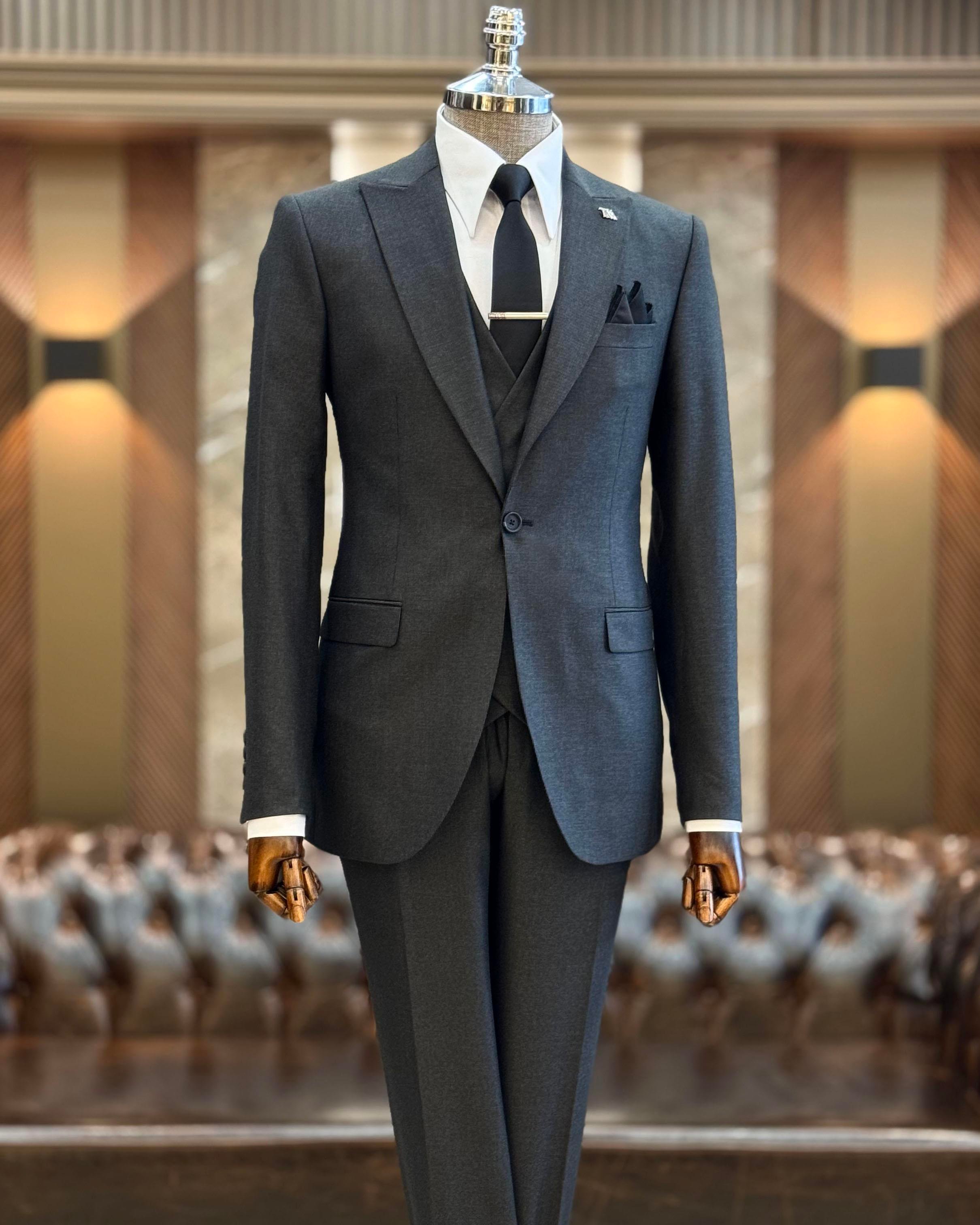 İtalyan stil slim fit ceket yelek pantolon takım elbise antrasit T9955