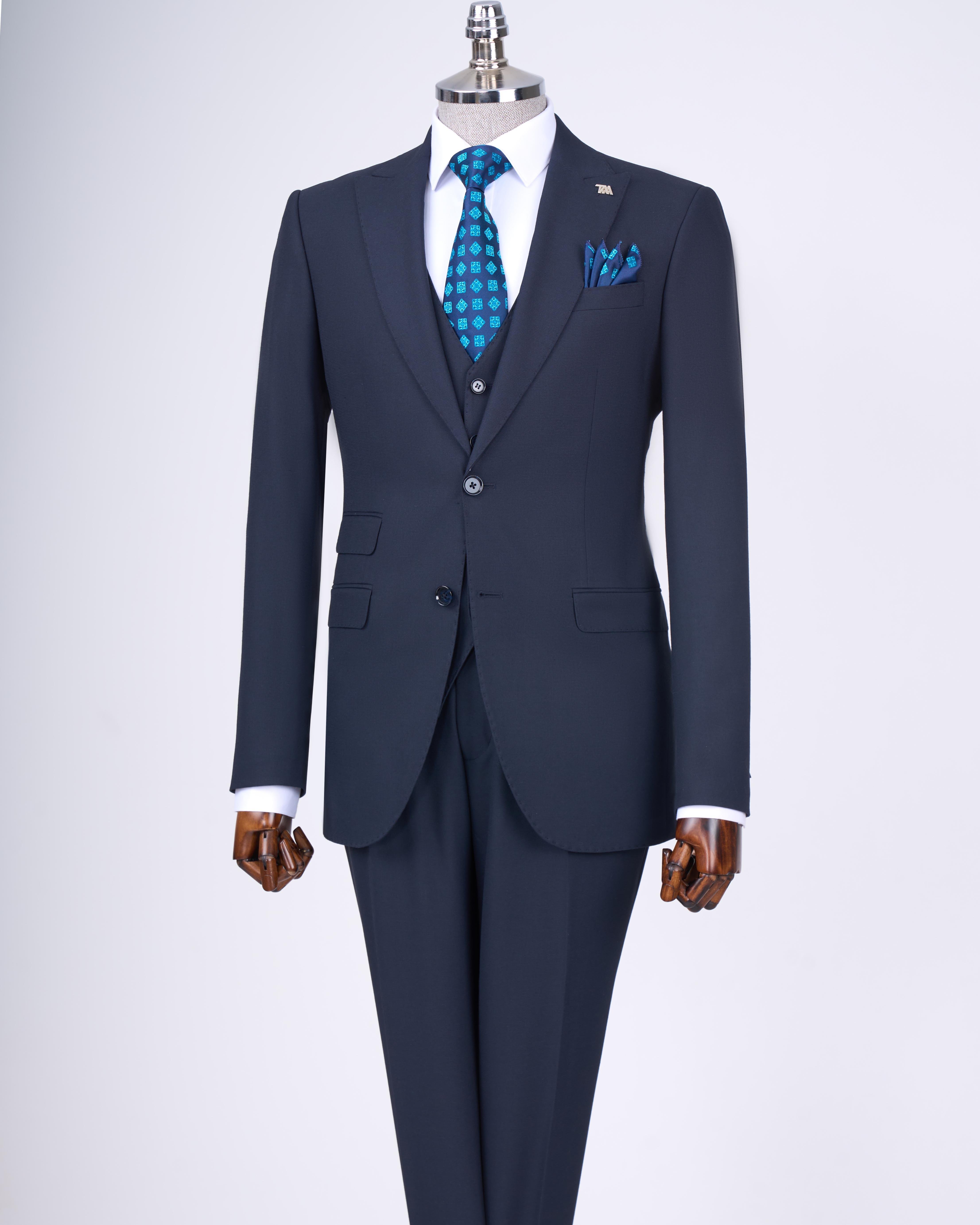 Italian style slim fit jacket vest pants suit navy blue T11393