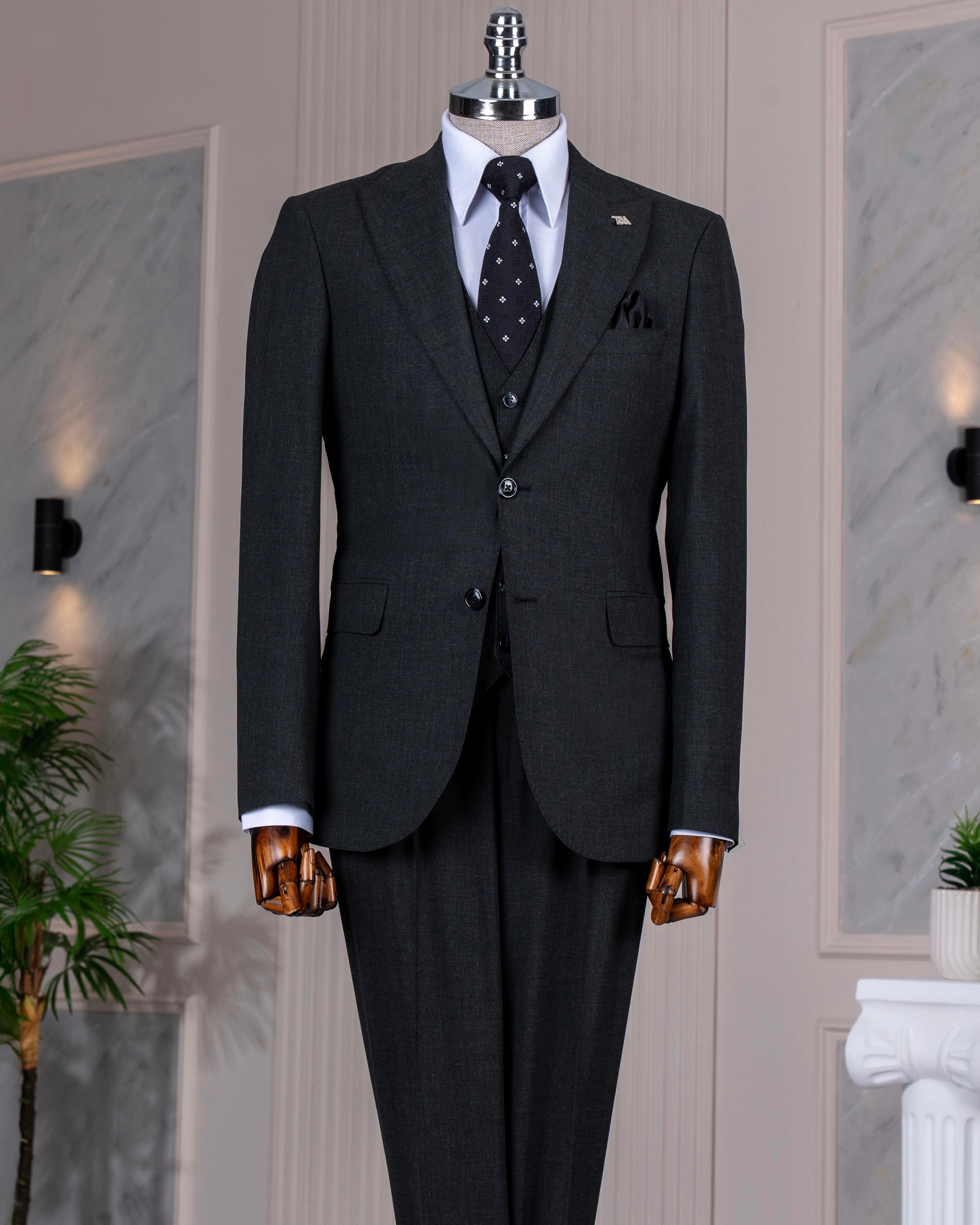 İtalyan stil slim fit ceket yelek pantolon takım elbise antrasit T14314