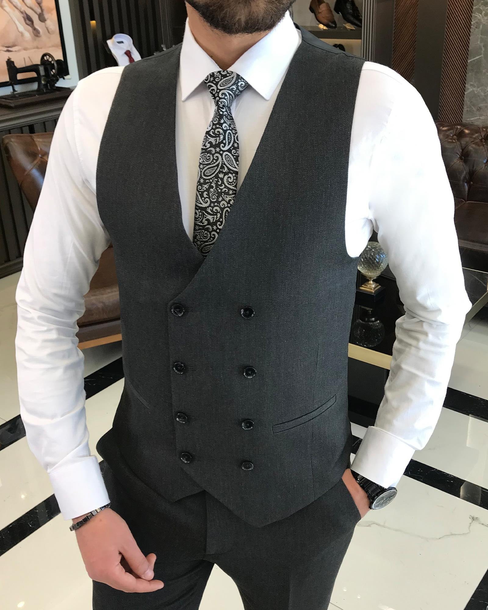 Italian style slim fit jacket vest pant suit anthracite T9092
