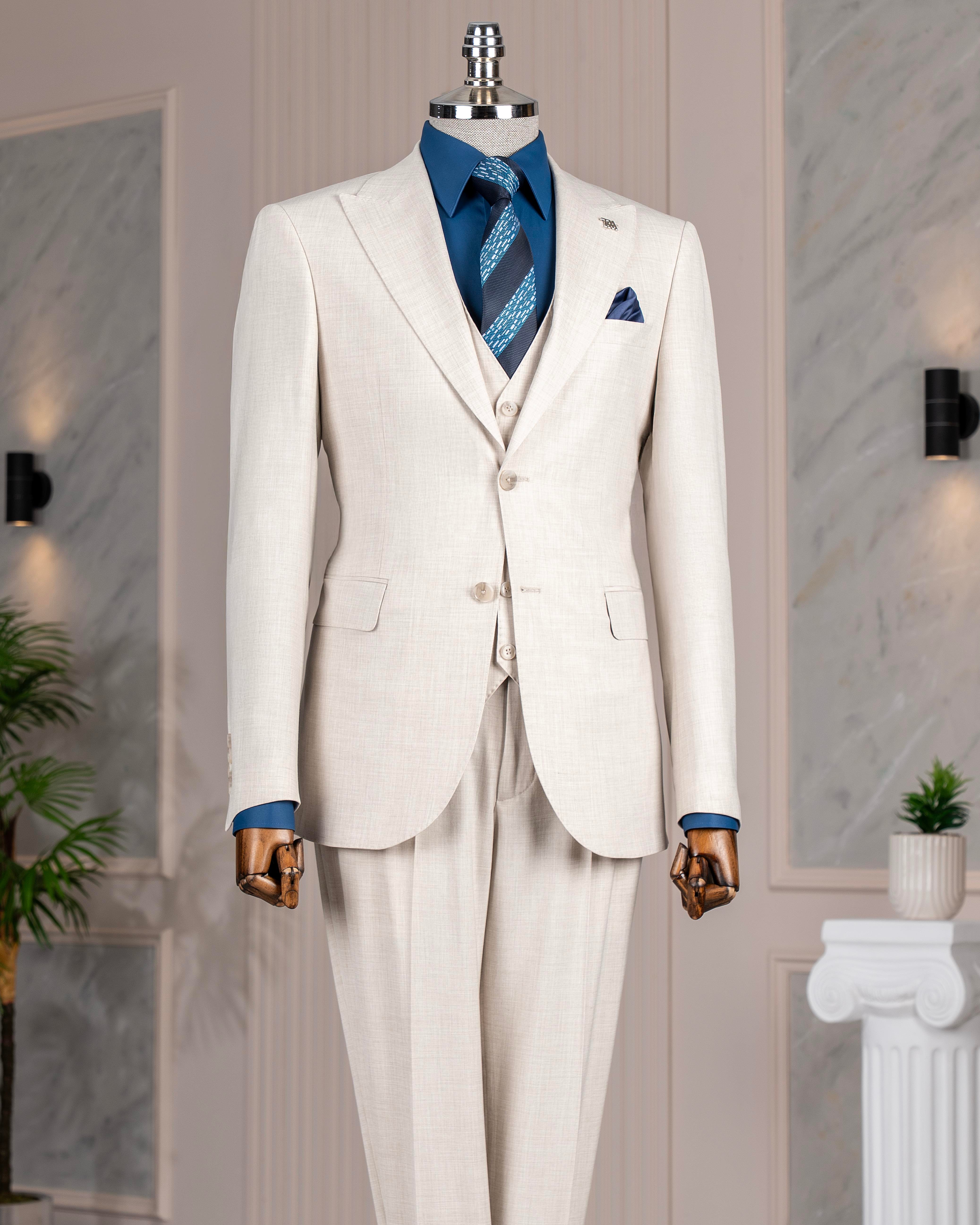 İtalyan stil slim fit ceket yelek pantolon takım elbise bej T14356