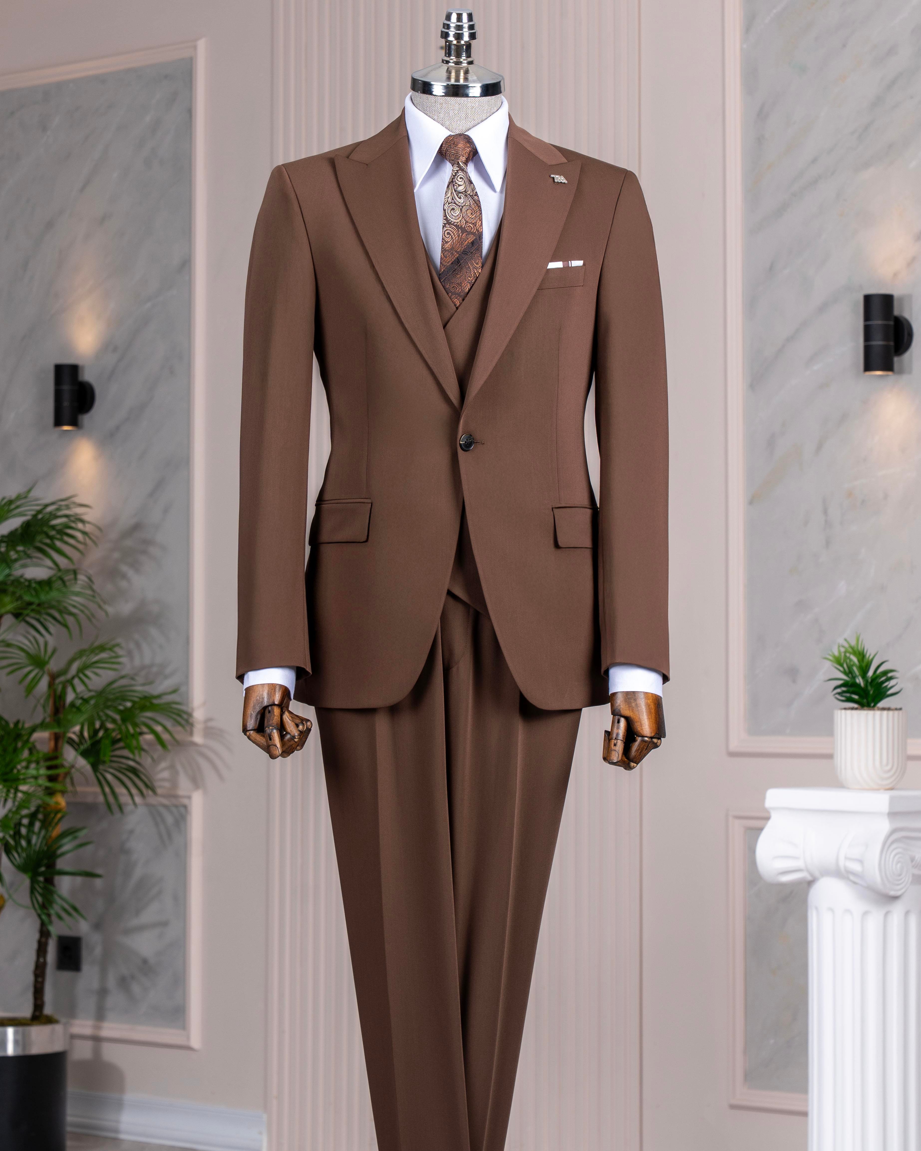 İtalyan stil slim fit ceket yelek pantalon takım elbise kahverengi  T13958