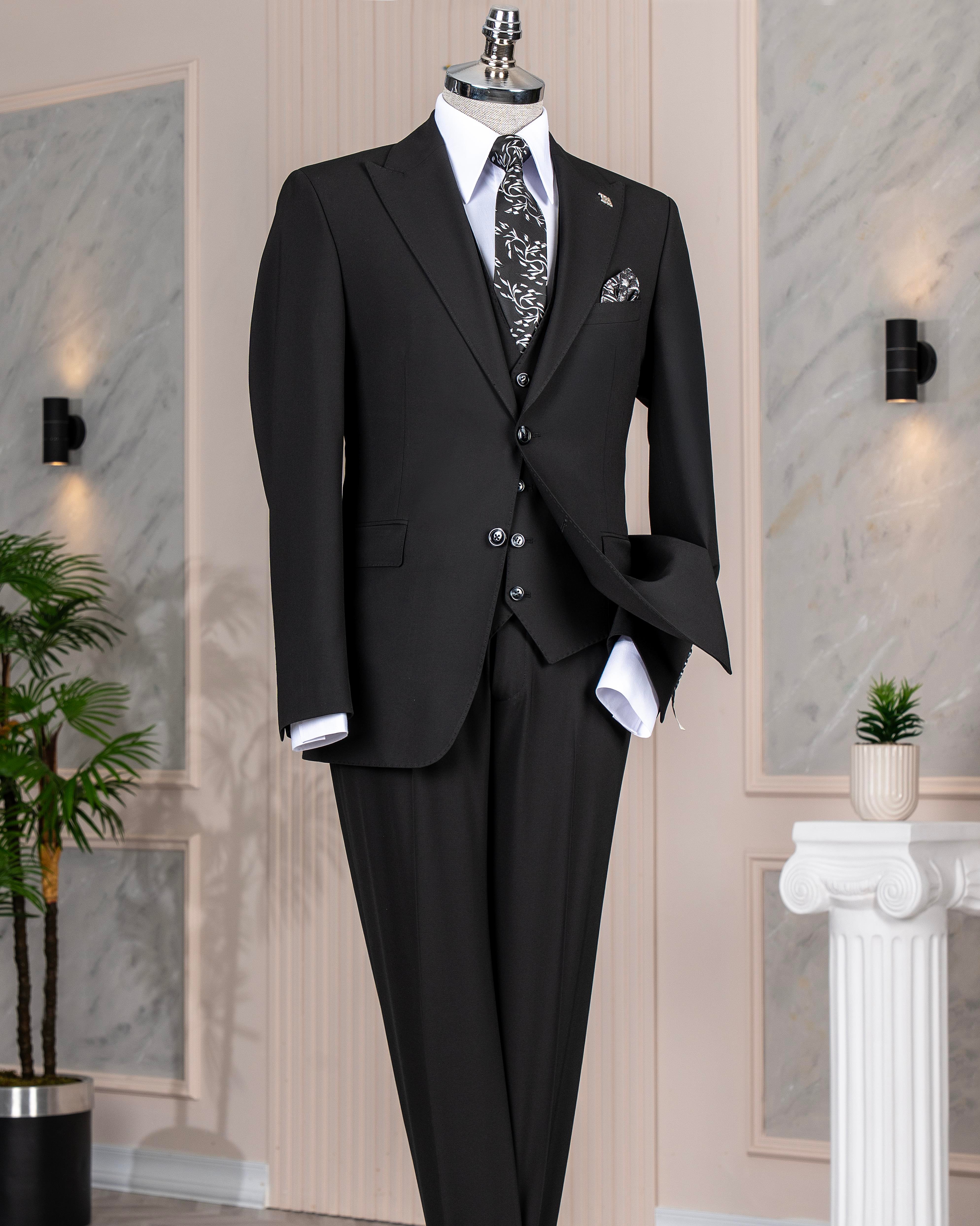 İtalyan stil slim fit ceket yelek pantolon takım elbise siyah T14311