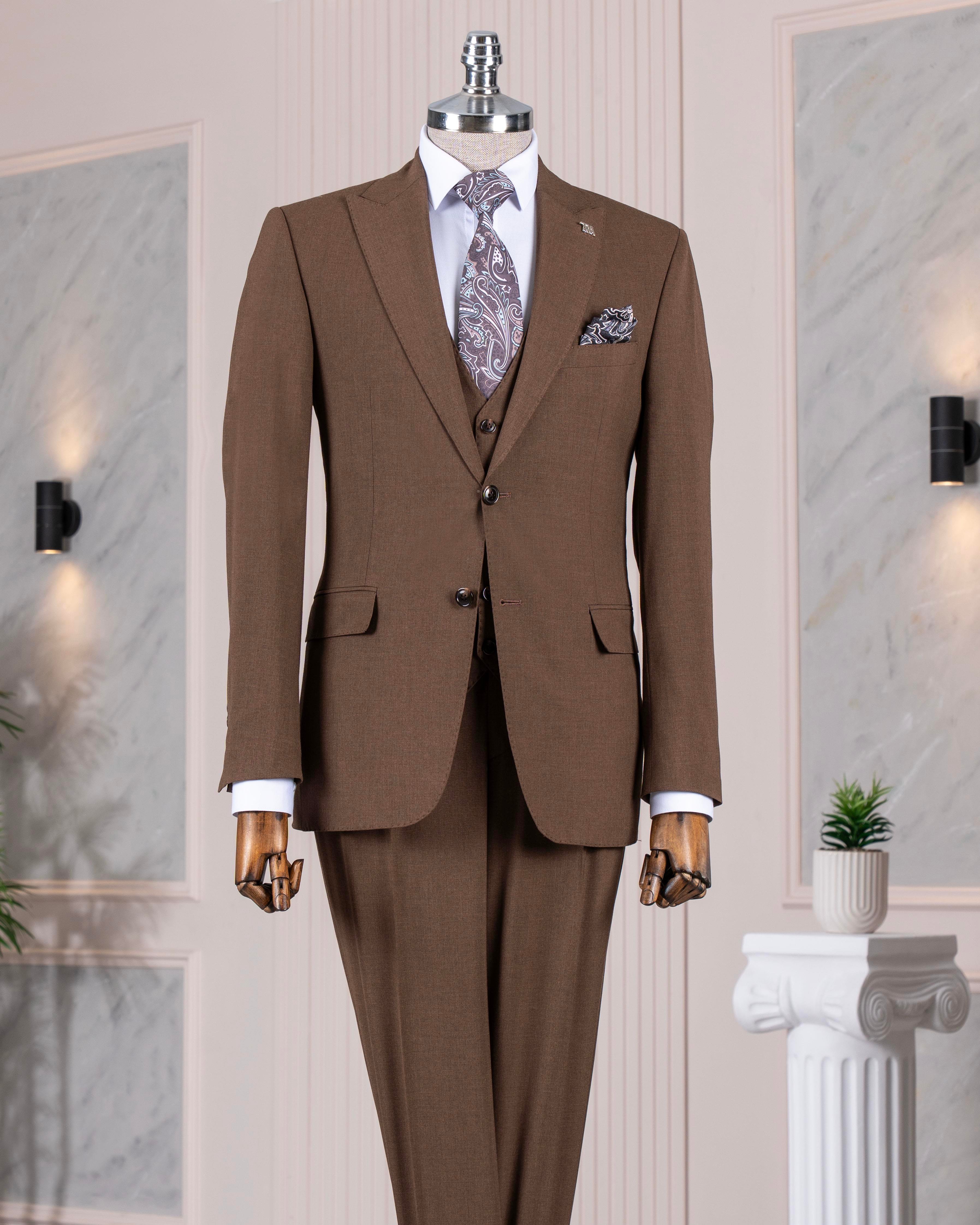 İtalyan stil slim fit ceket yelek pantolon takım elbise kahverengi T14581