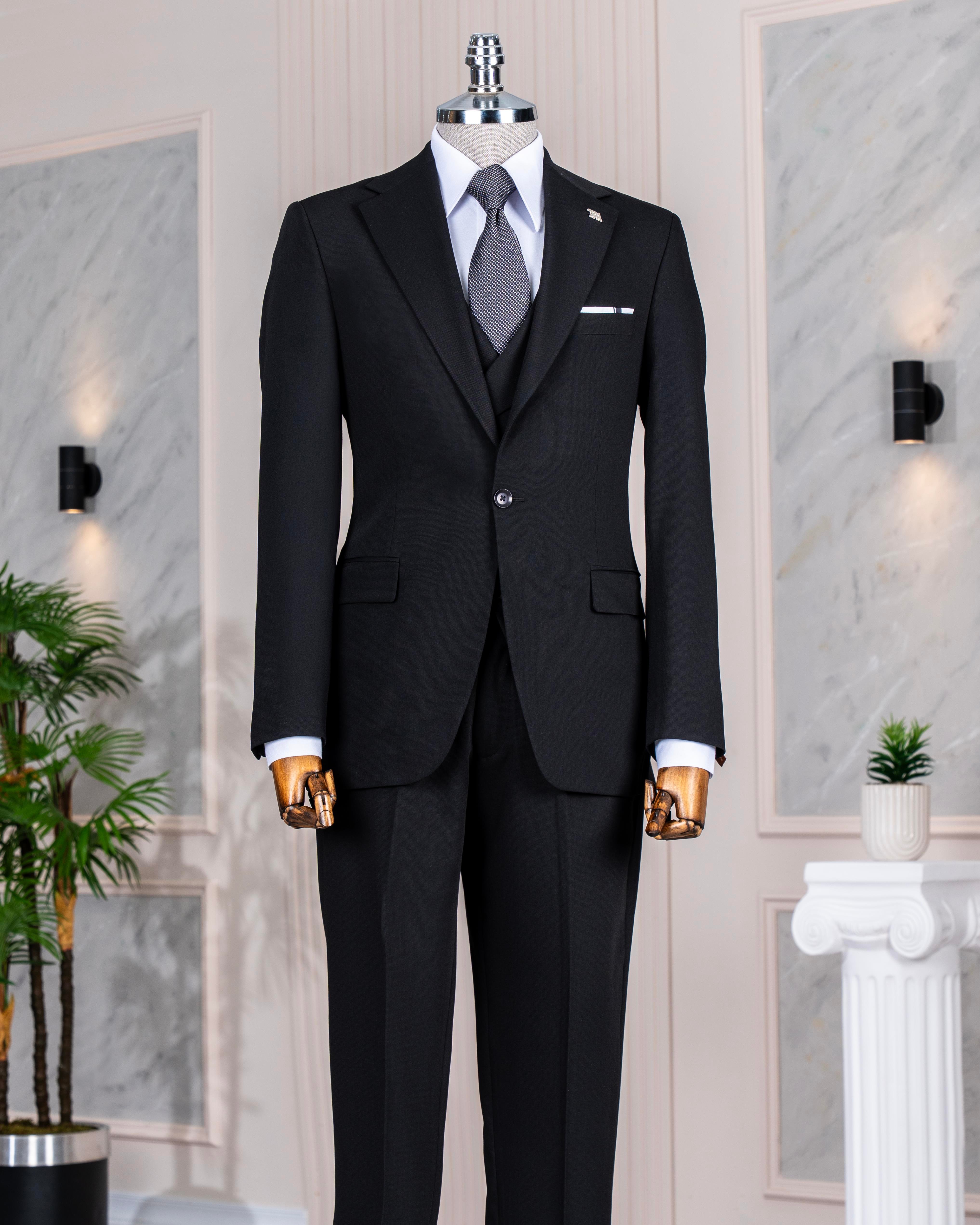İtalyan stil slim fit ceket yelek pantolon takım elbise siyah T14187