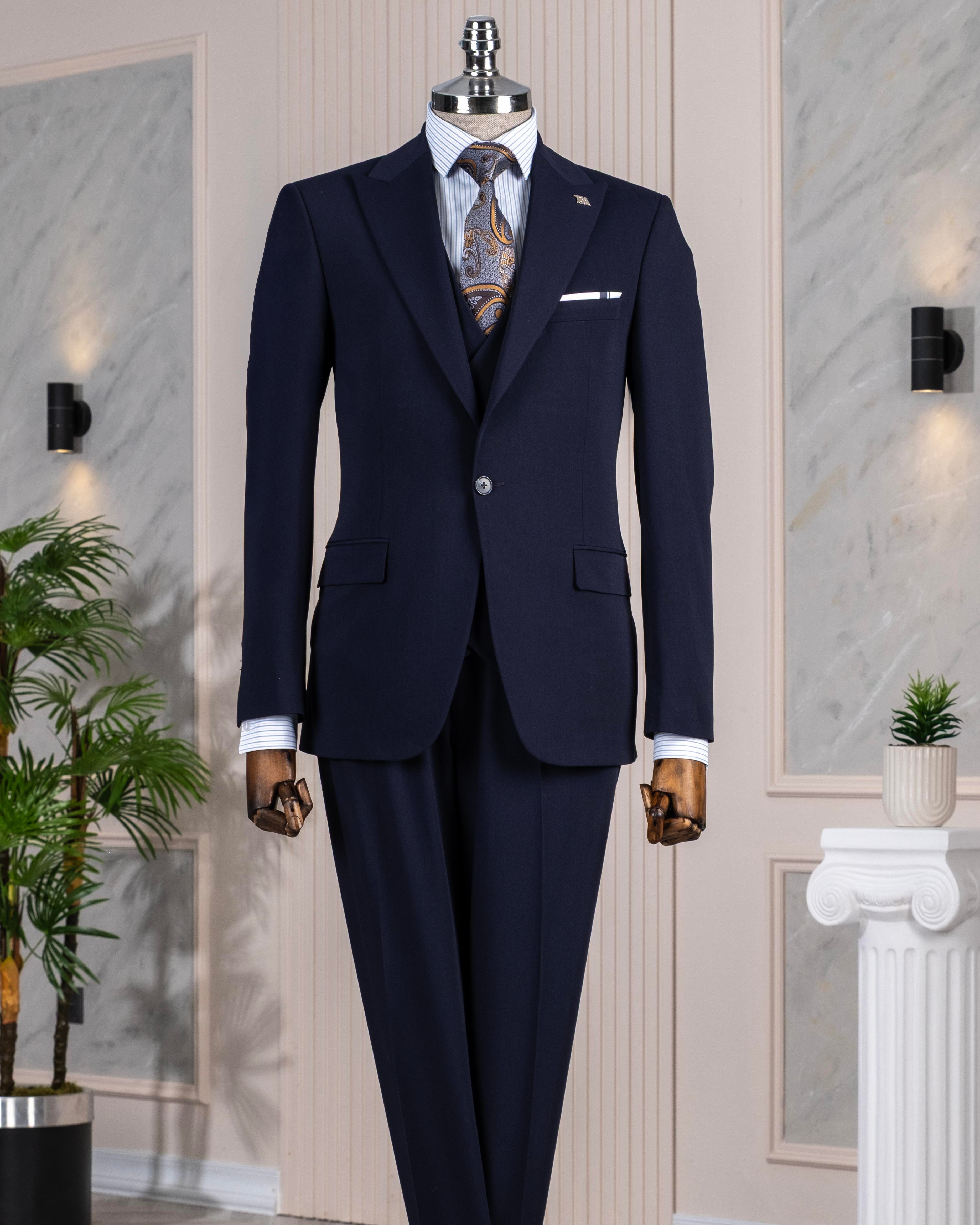 İtalyan stil slim fit ceket yelek pantalon takım elbise lacivert T13961