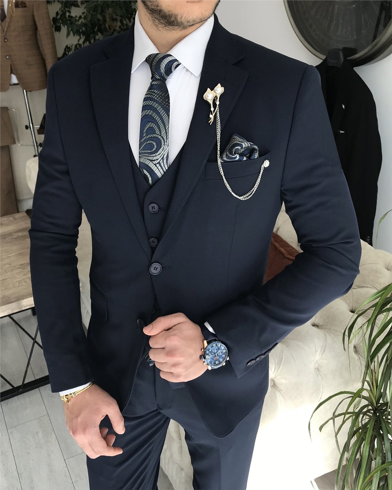 İtalyan stil slim fit ceket yelek pantolon takım elbise Lacivert T8359