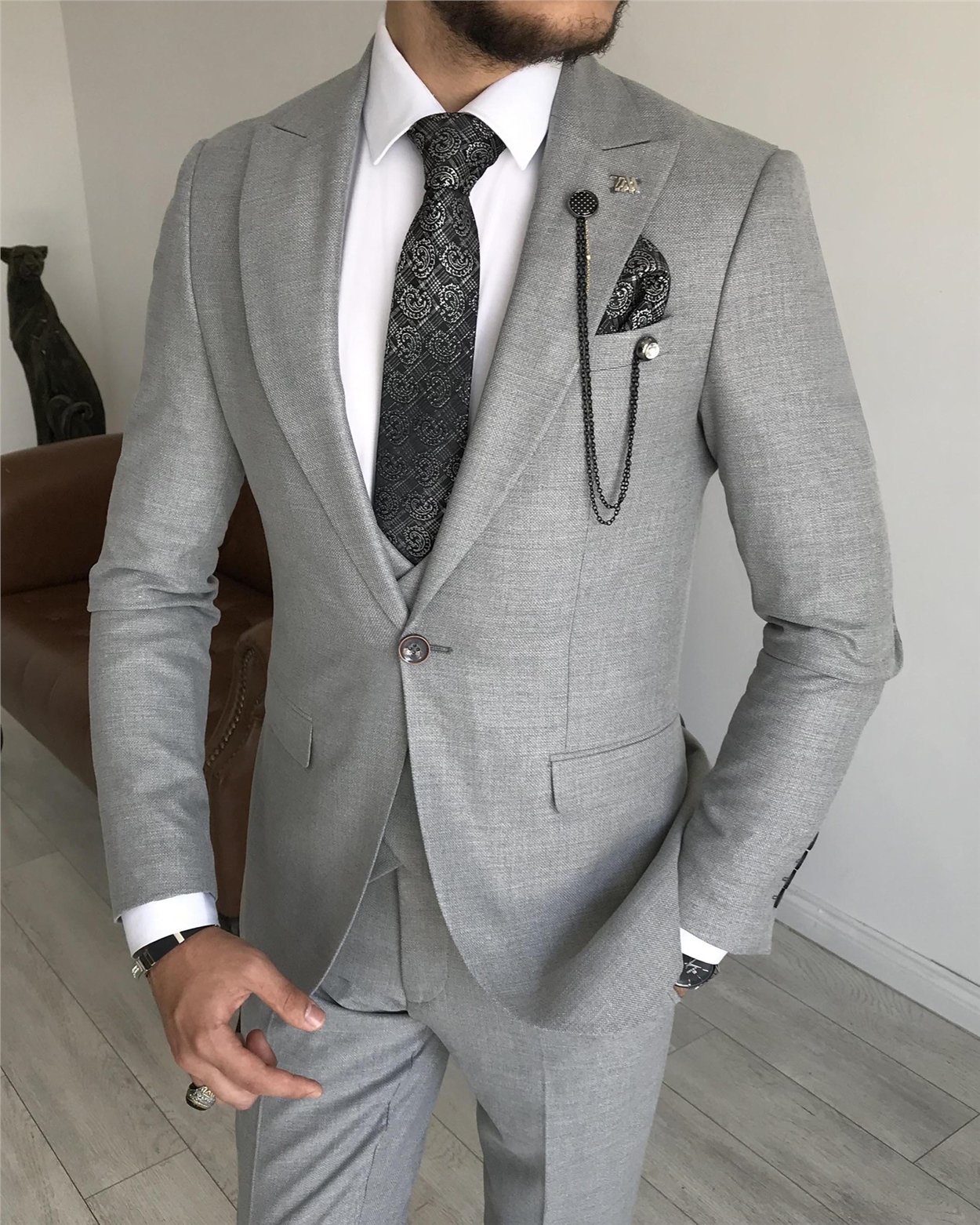 İtalyan stil slim fit ceket yelek pantolon gri takım elbise T7169
