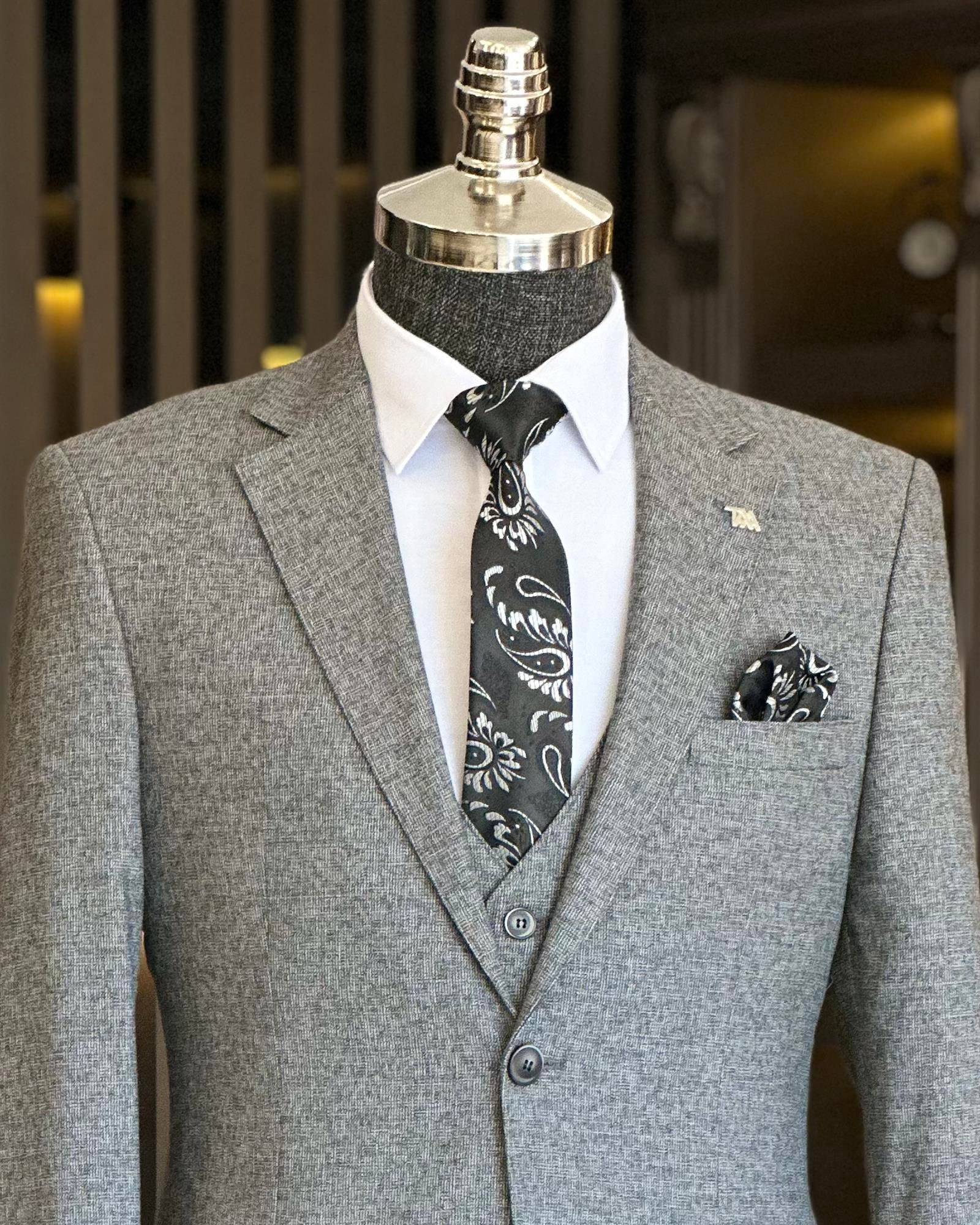 Italian Style Slim Fit Jacket Vest Trousers Suits Gray T8351