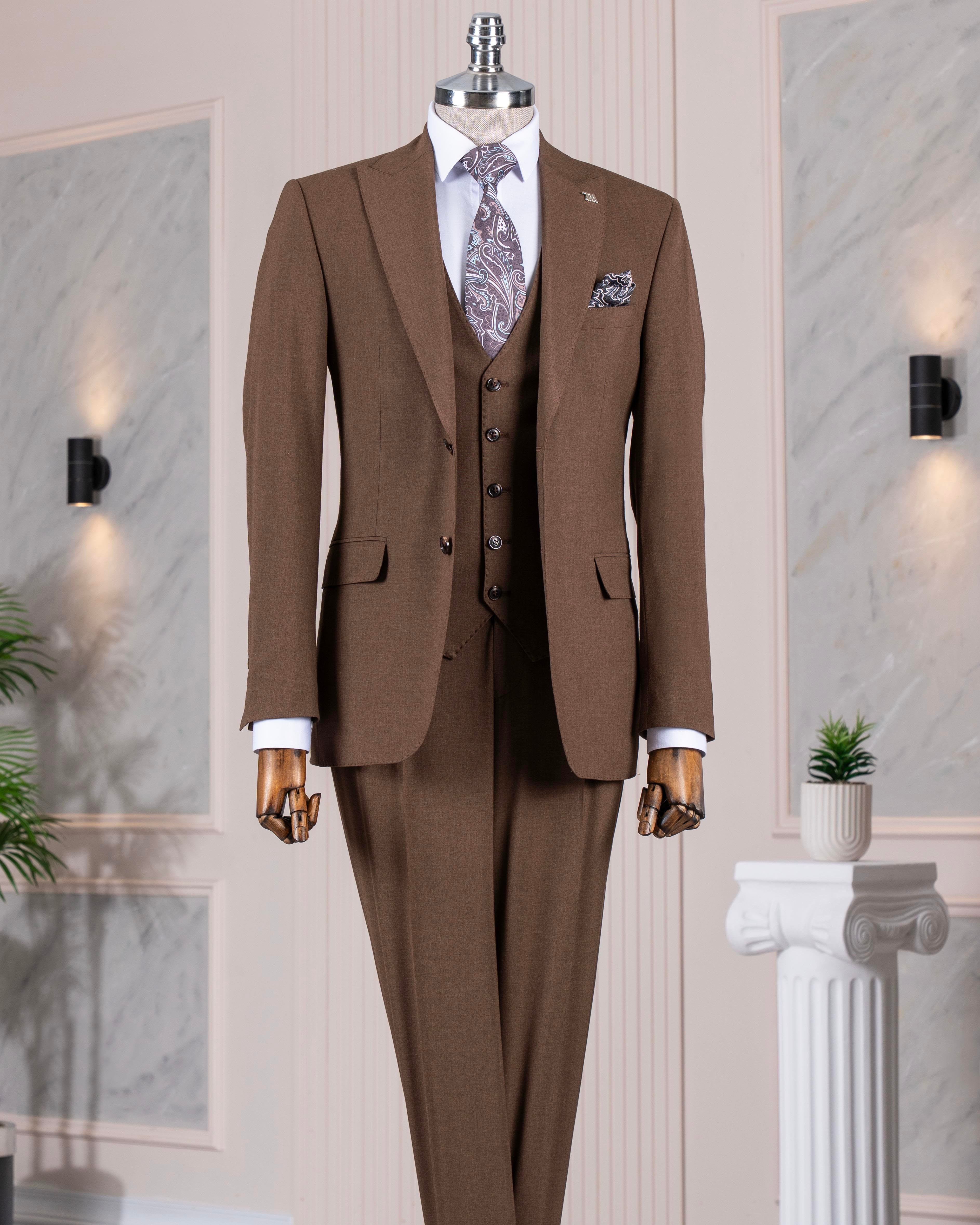 İtalyan stil slim fit ceket yelek pantolon takım elbise kahverengi T14581