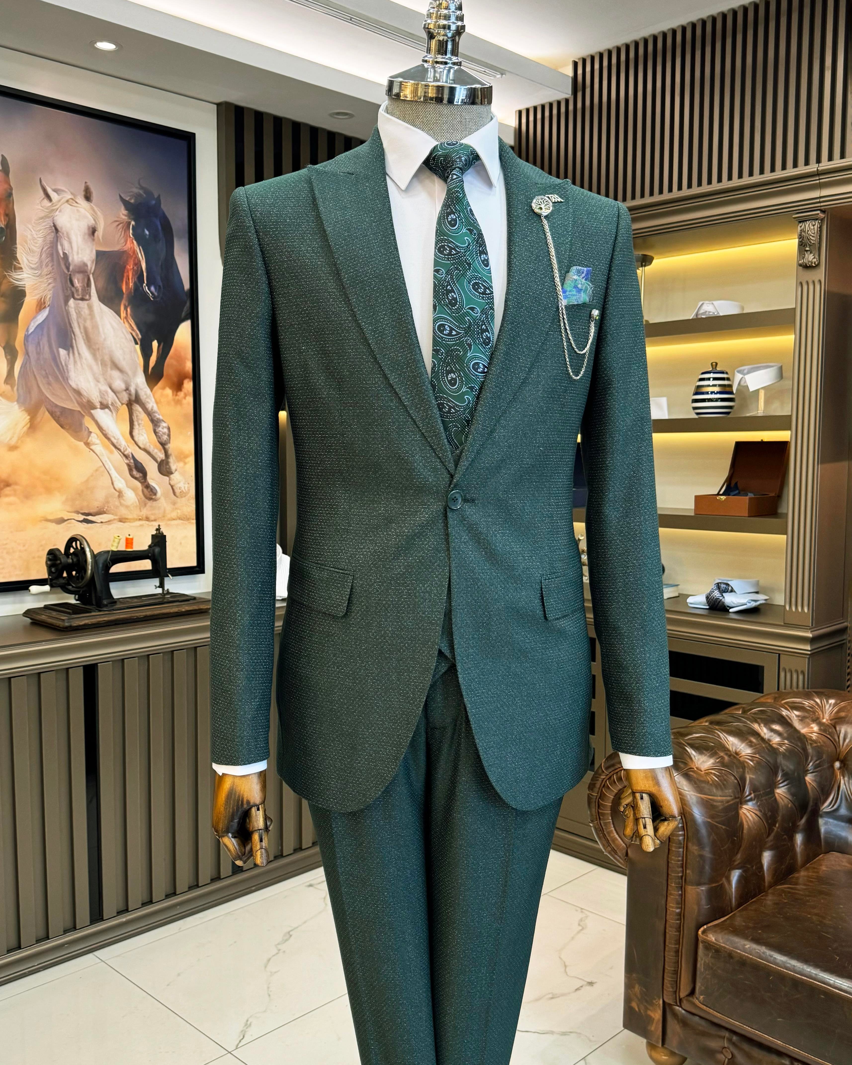 İtalyan stil slim fit ceket yelek pantolon takım elbise yeşil T10866