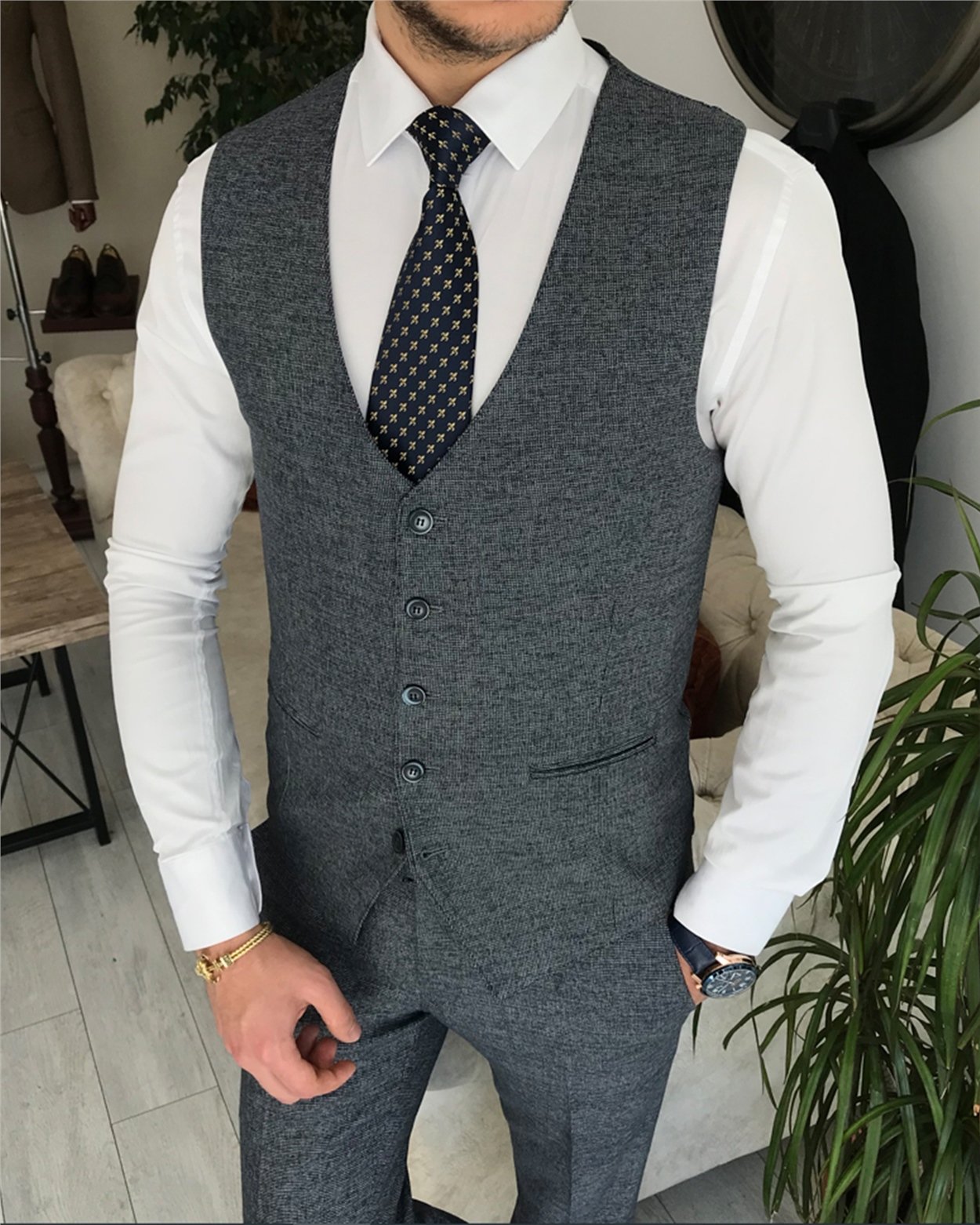 İtalyan stil slim fit ceket yelek pantolon takım elbise Lacivert T8352