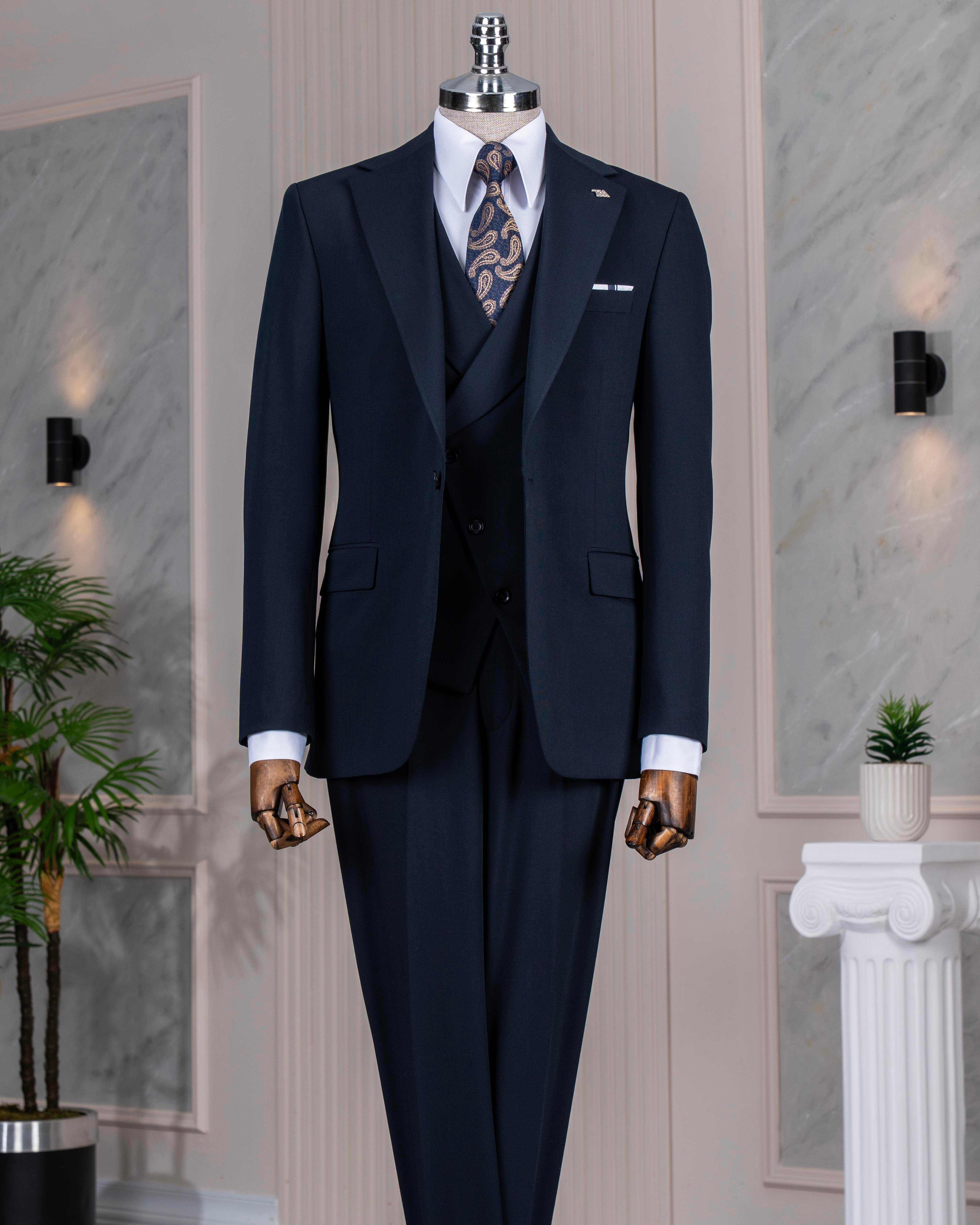 İtalyan stil slim fit ceket yelek pantolon takım elbise lacivert T14186
