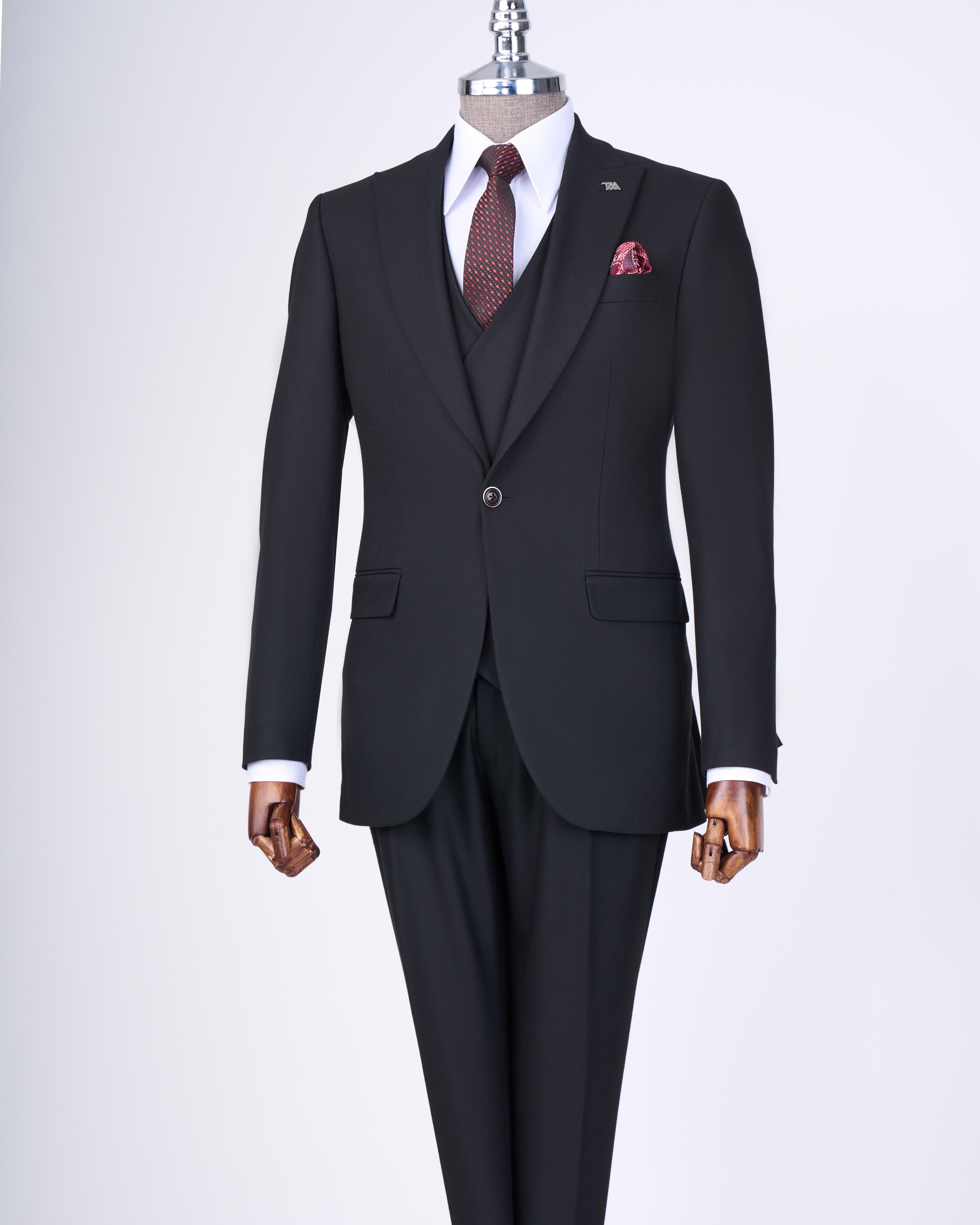 Italian style slim fit jacket vest pants suit black T13503