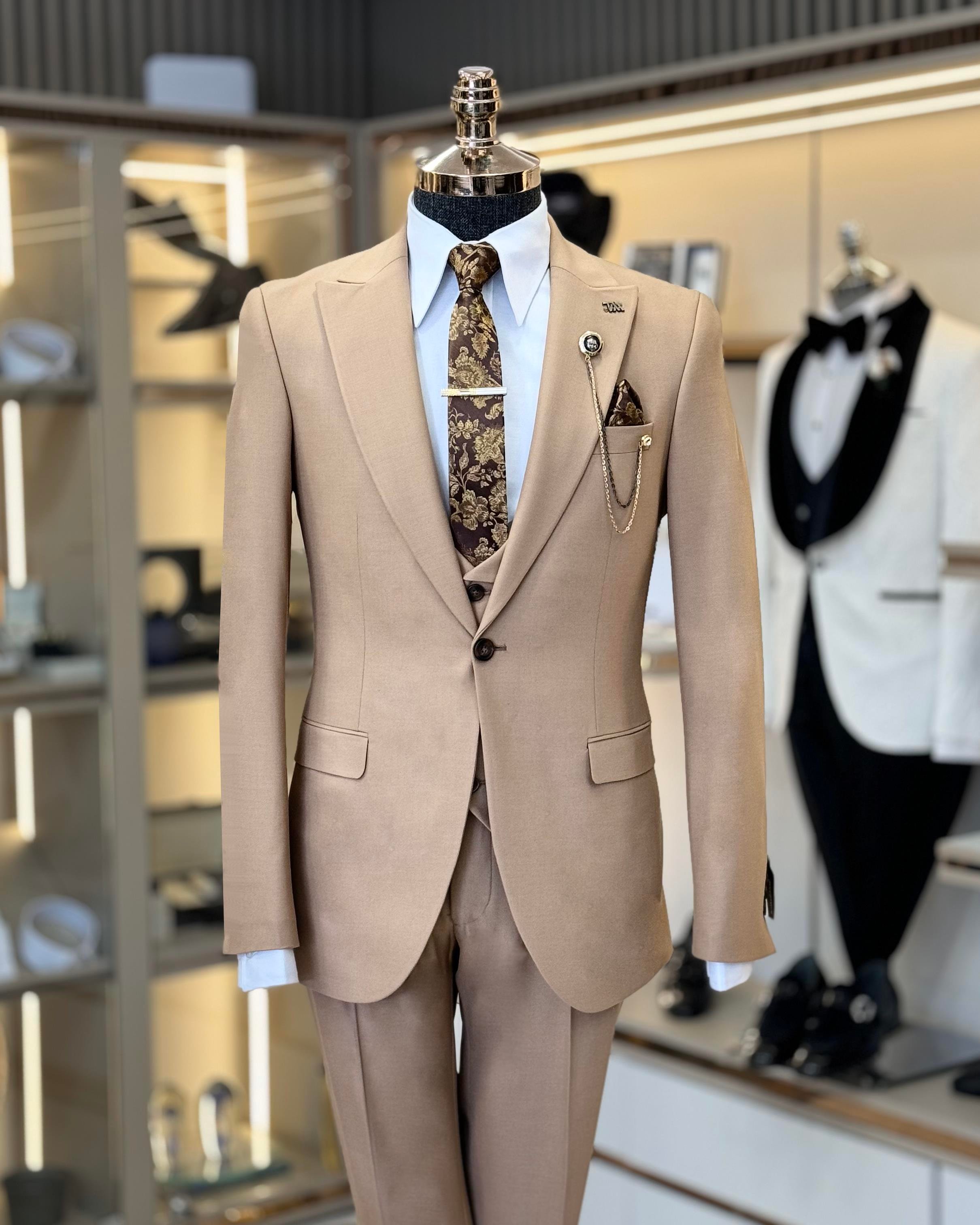 Italian style slim fit jacket vest trouser suit camel T9963