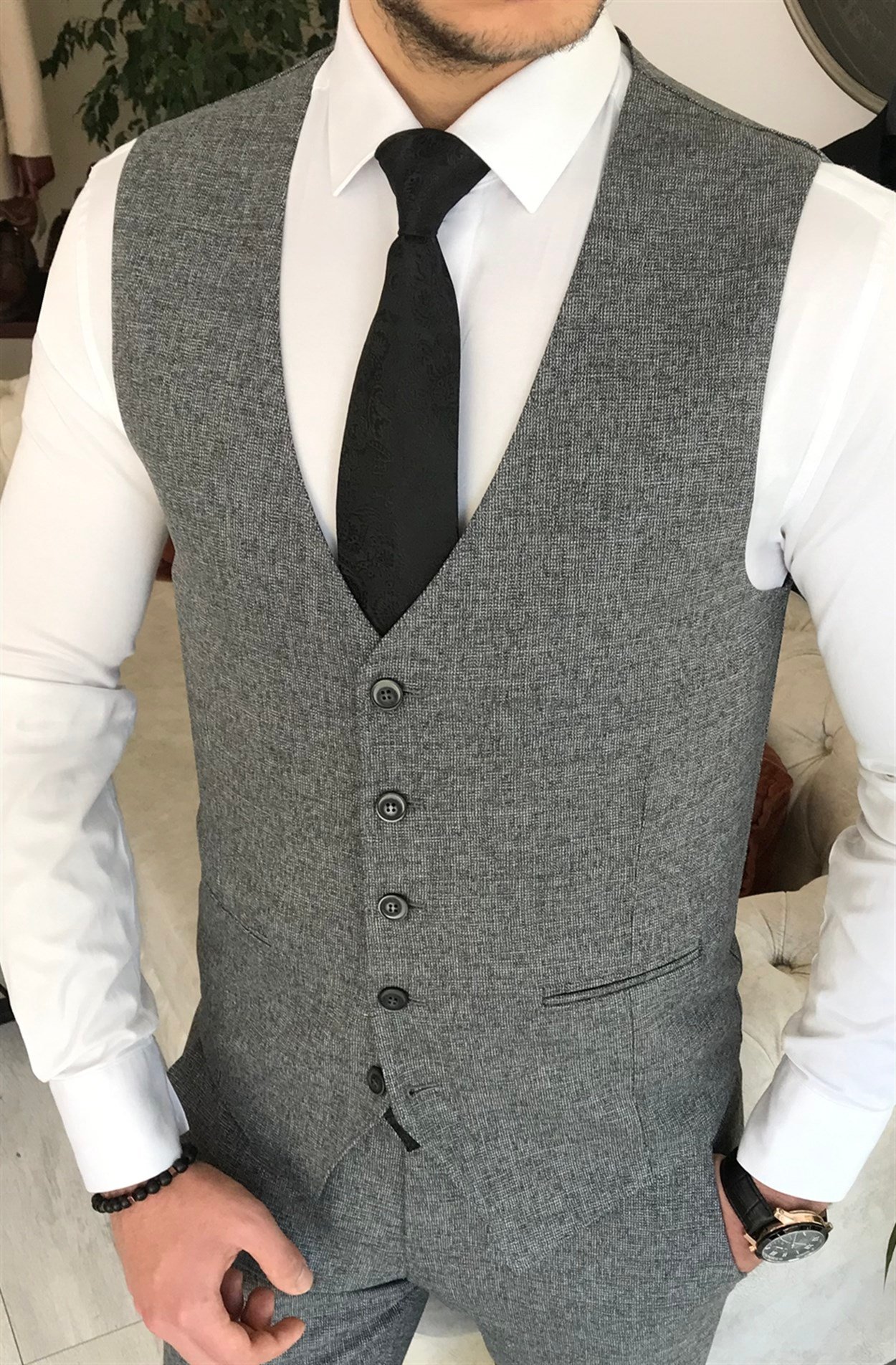 İtalyan stil slim fit ceket yelek pantolon takım elbise Gri T8351