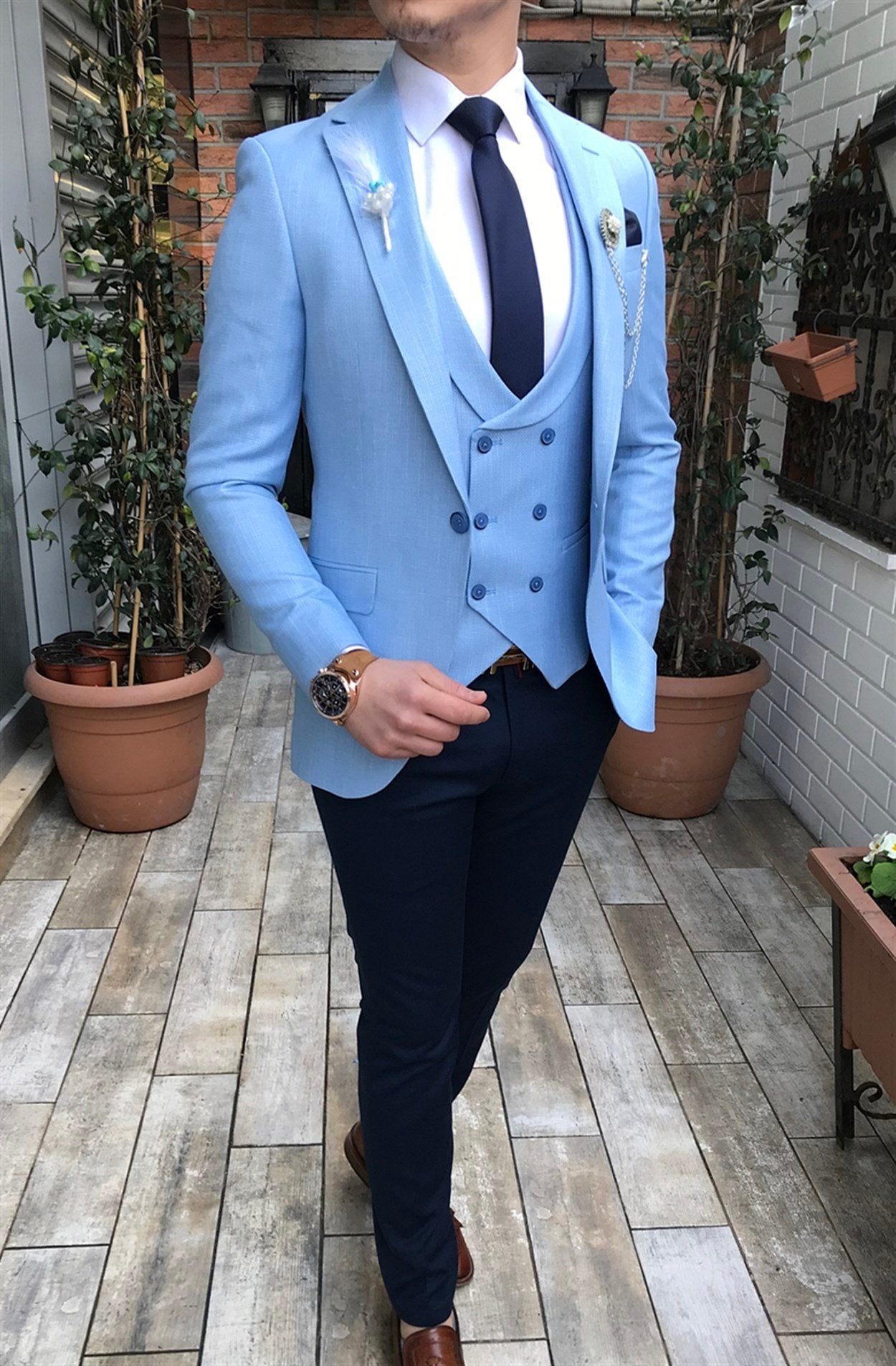 İtalyan stil slim fit ceket yelek pantolon mavi kombin T3272