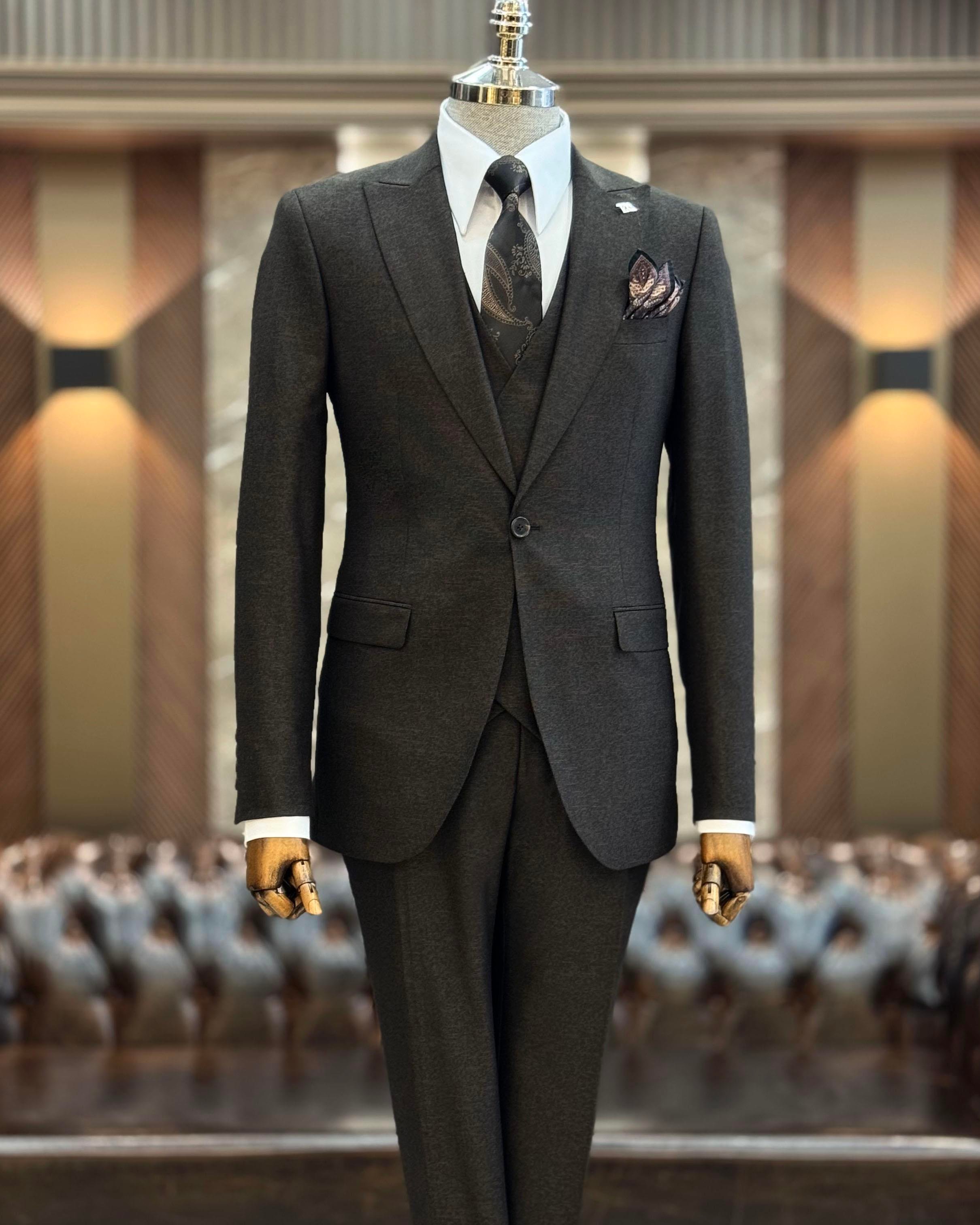 İtalyan stil slim fit ceket yelek pantolon takım elbise kahverengi T9954