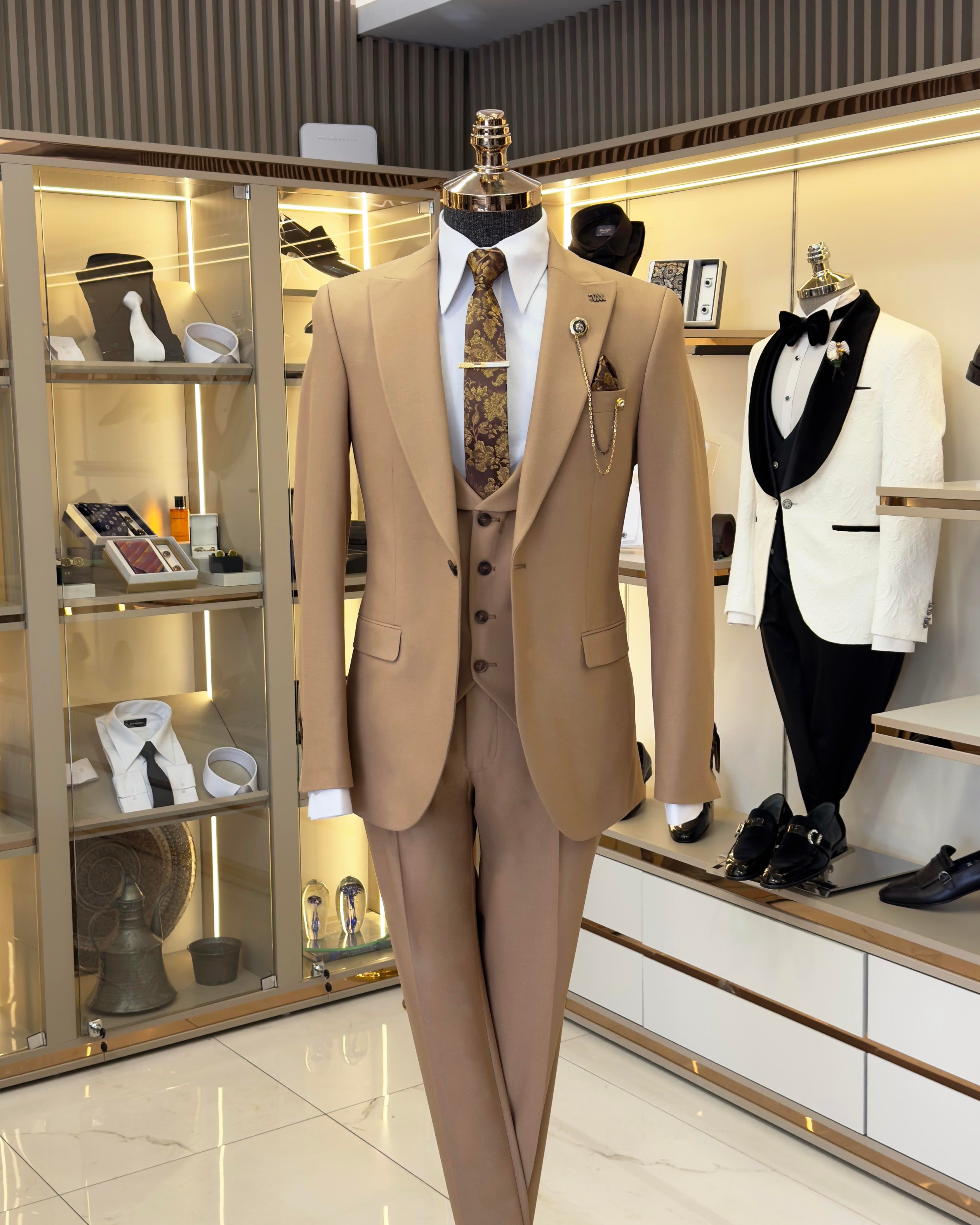 Italian style slim fit jacket vest trouser suit camel T9963
