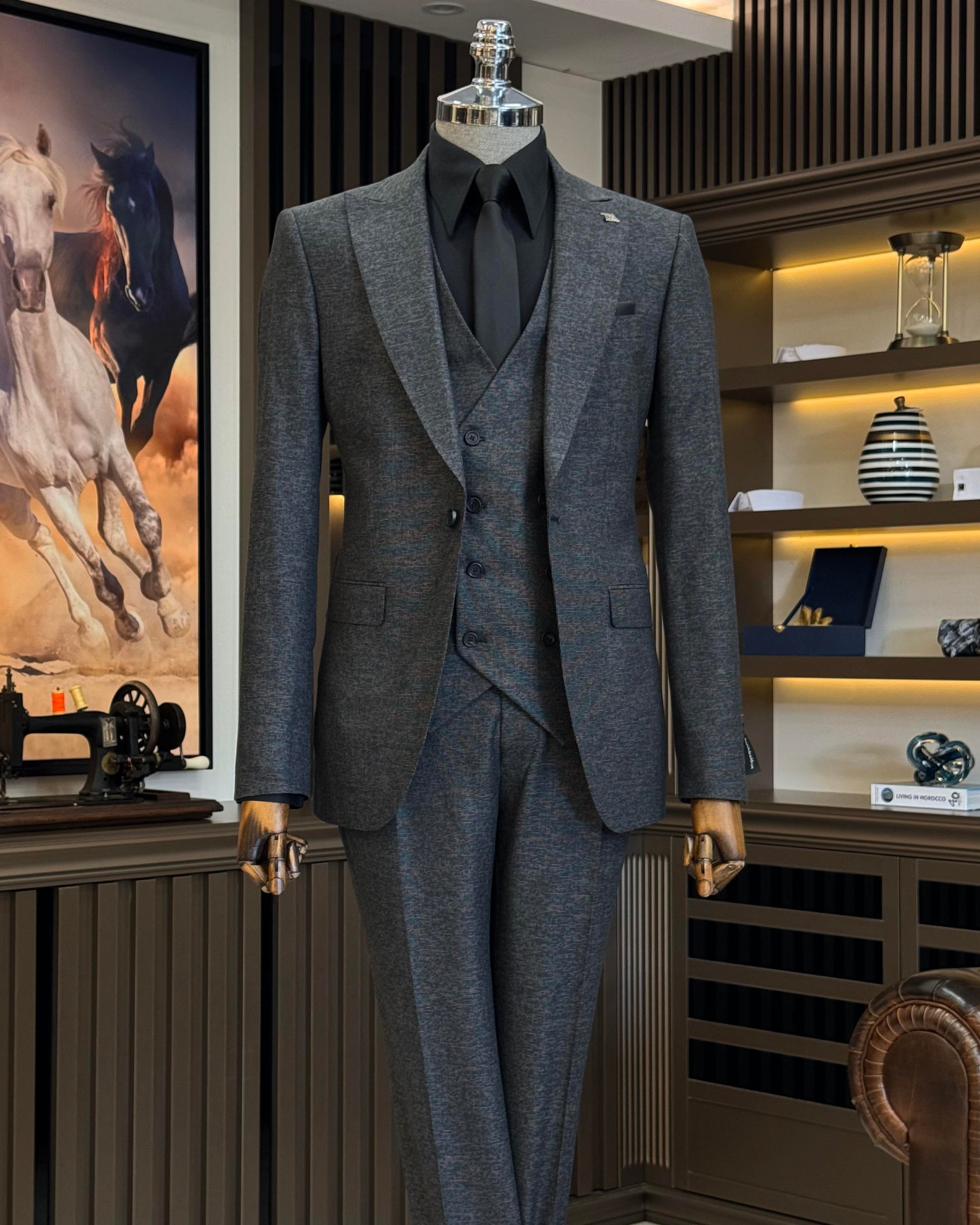 Italian style slim fit jacket vest trouser suit black T9957