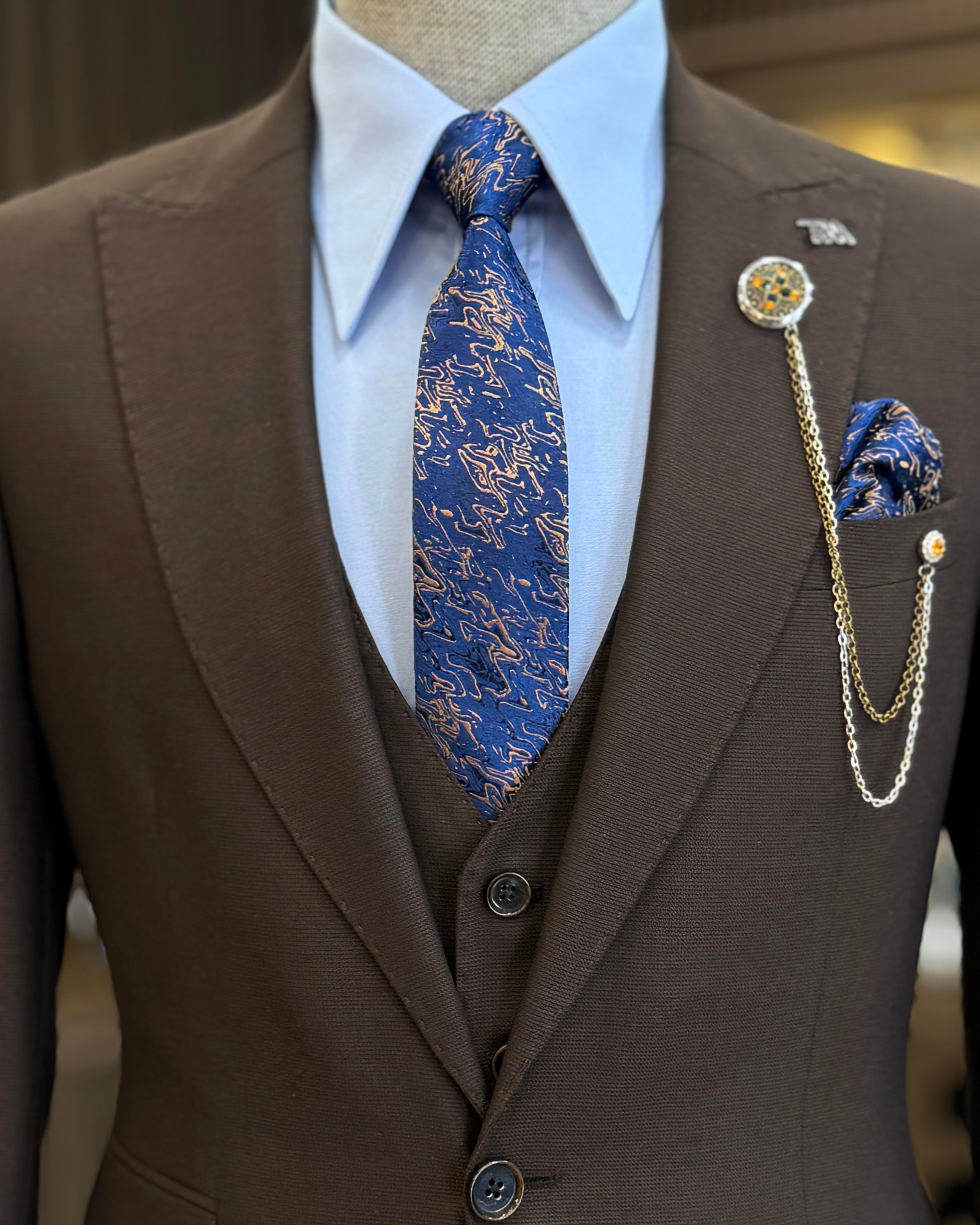 Italian style slim fit jacket vest trouser suit brown T11398