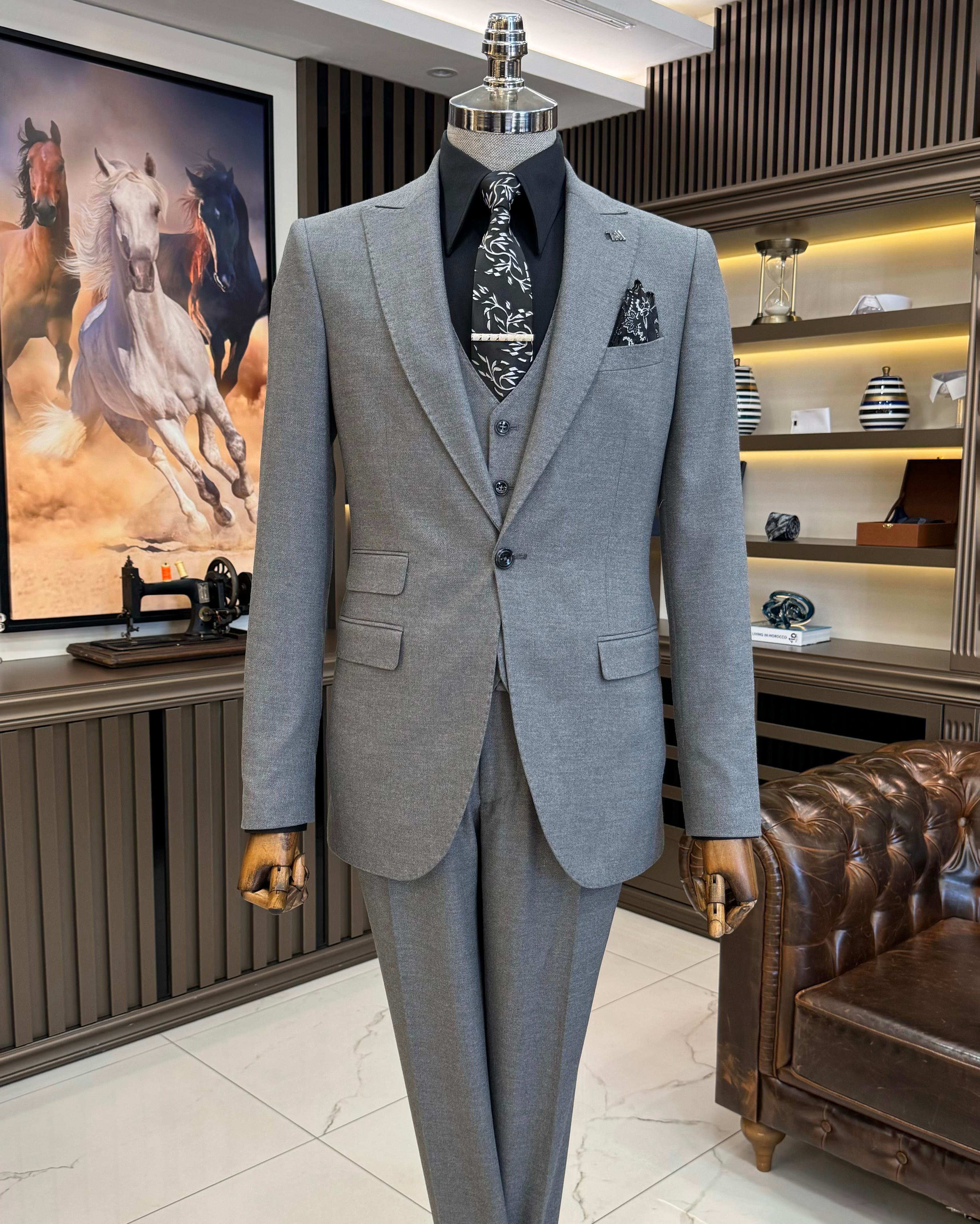 Italian style slim fit jacket vest trouser suit gray T11397
