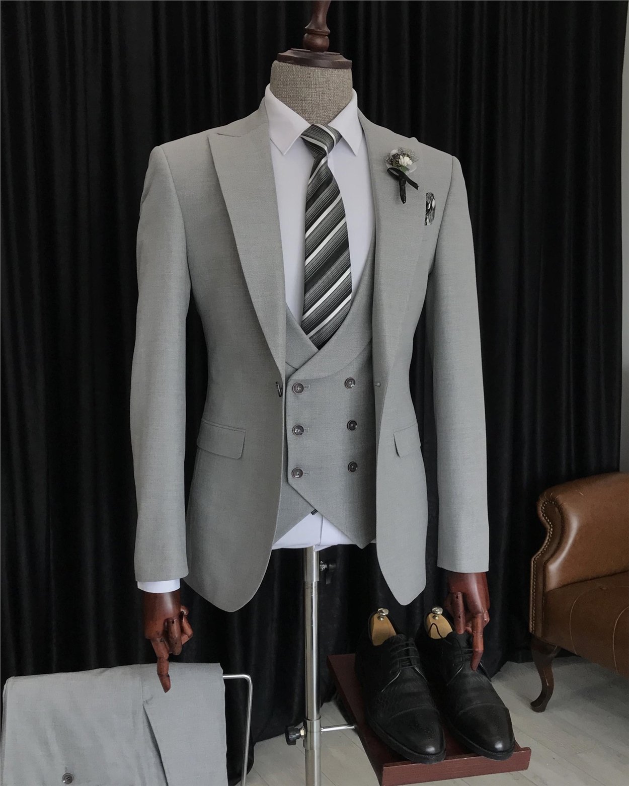 İtalyan stil slim fit ceket yelek pantolon gri takım elbise T7169
