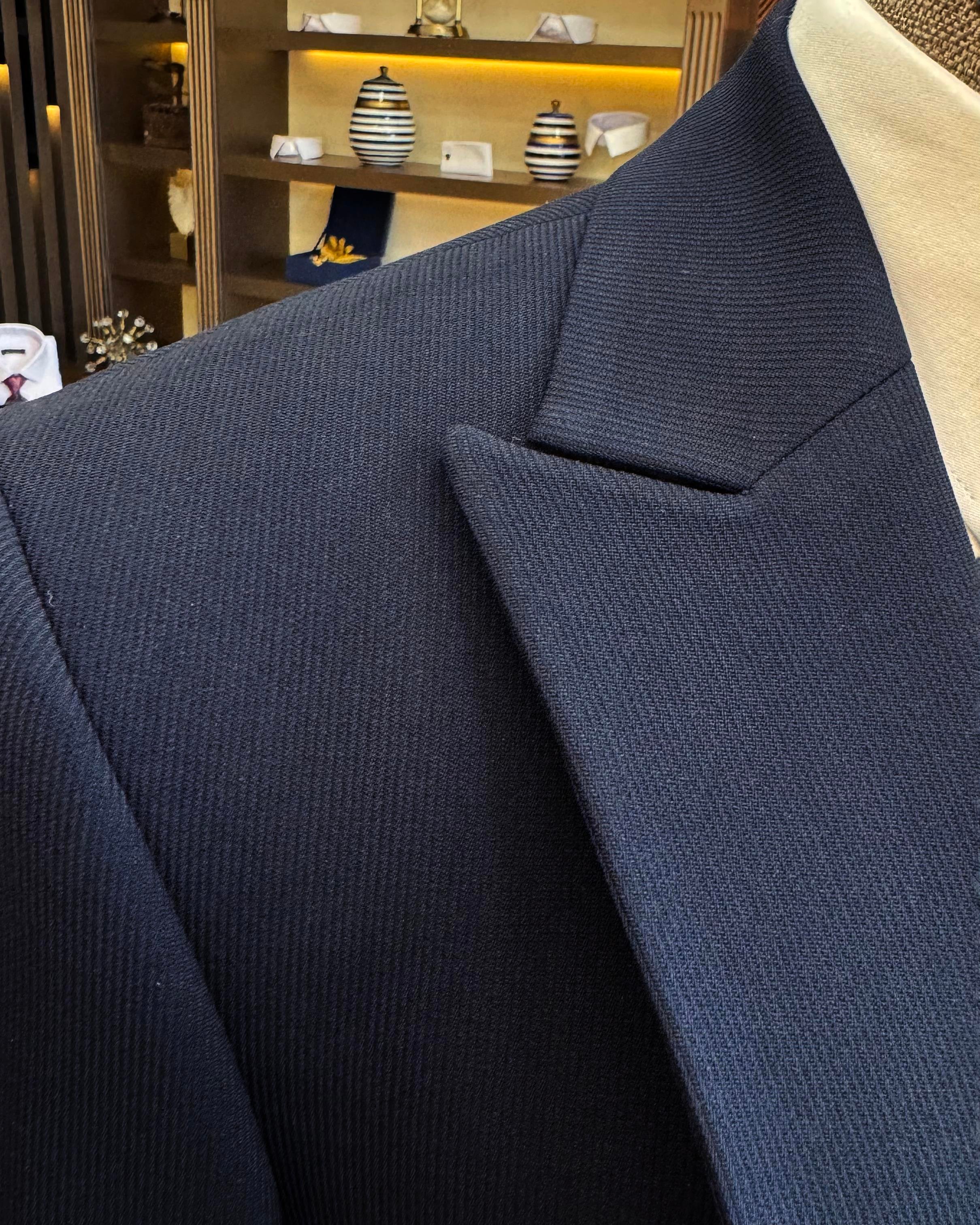 İtalyan stil slim fit ceket yelek pantolon takım elbise lacivert T11541