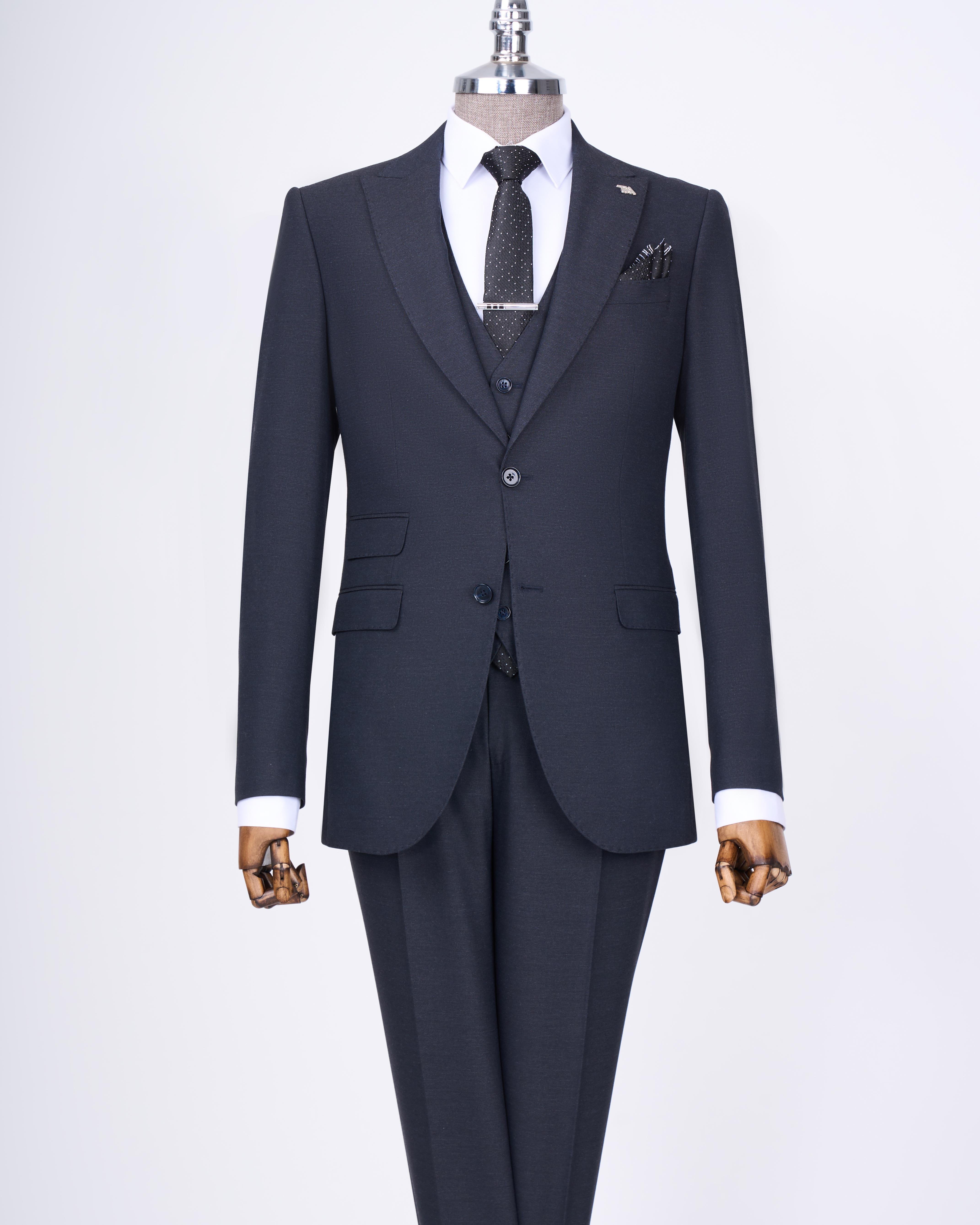 Italian style slim fit jacket vest pants suit navy blue T11394