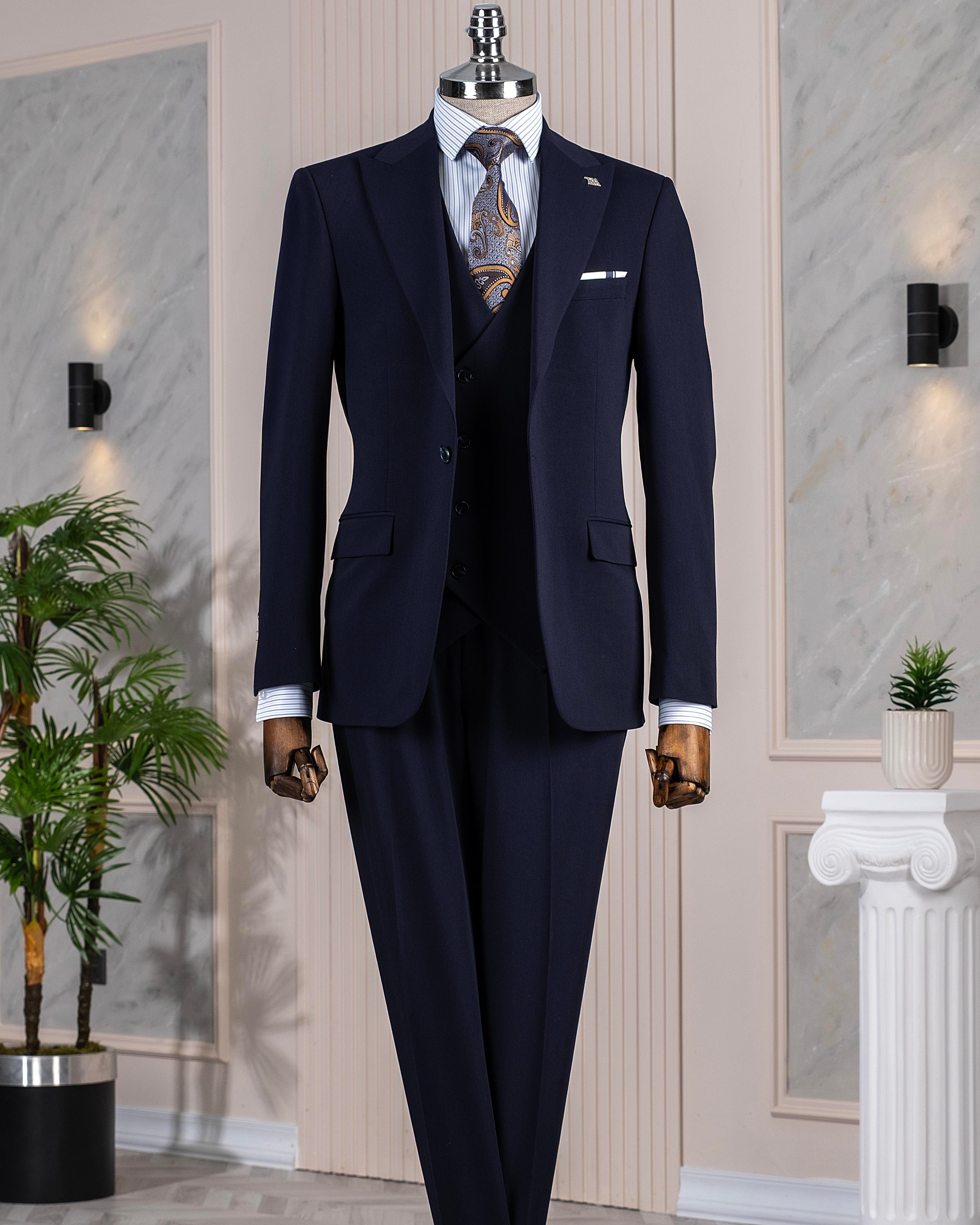 İtalyan stil slim fit ceket yelek pantalon takım elbise lacivert T13961