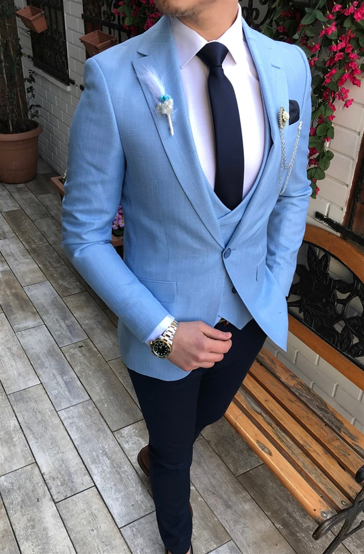 İtalyan stil slim fit ceket yelek pantolon mavi kombin T3272