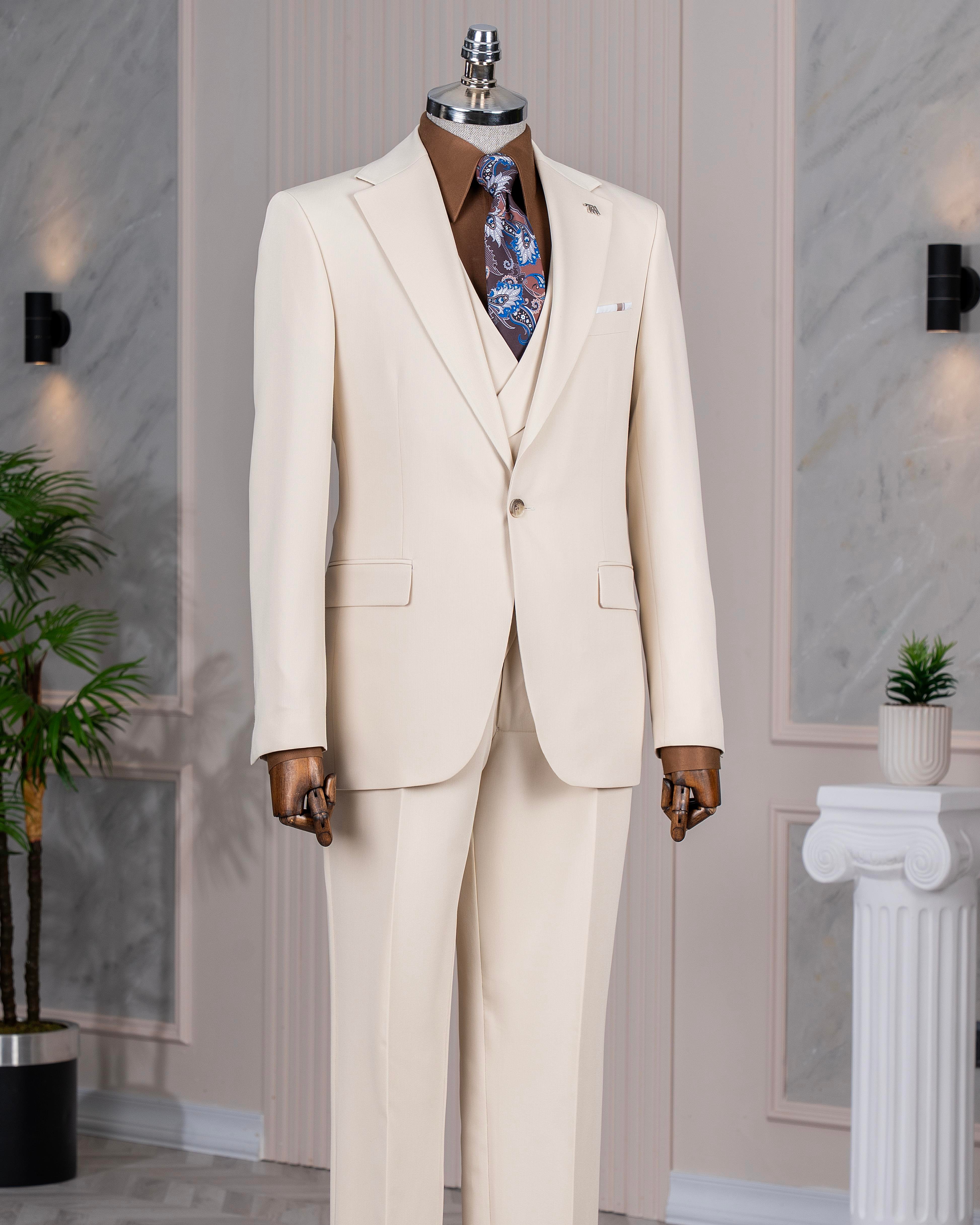 İtalyan stil slim fit ceket yelek pantolon takım elbise bej T14385