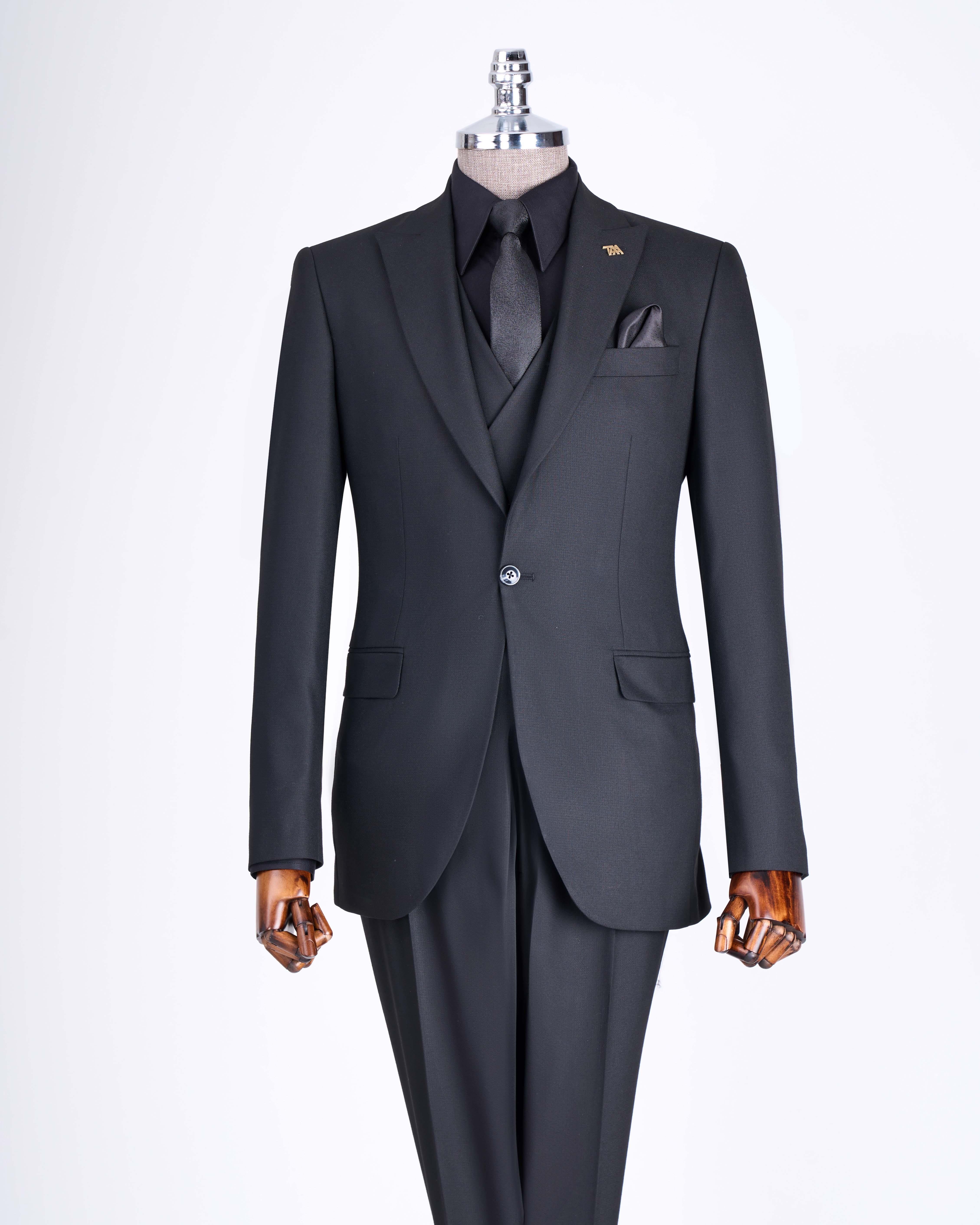İtalyan stil slim fit ceket yelek pantolon takım elbise siyah  T13056