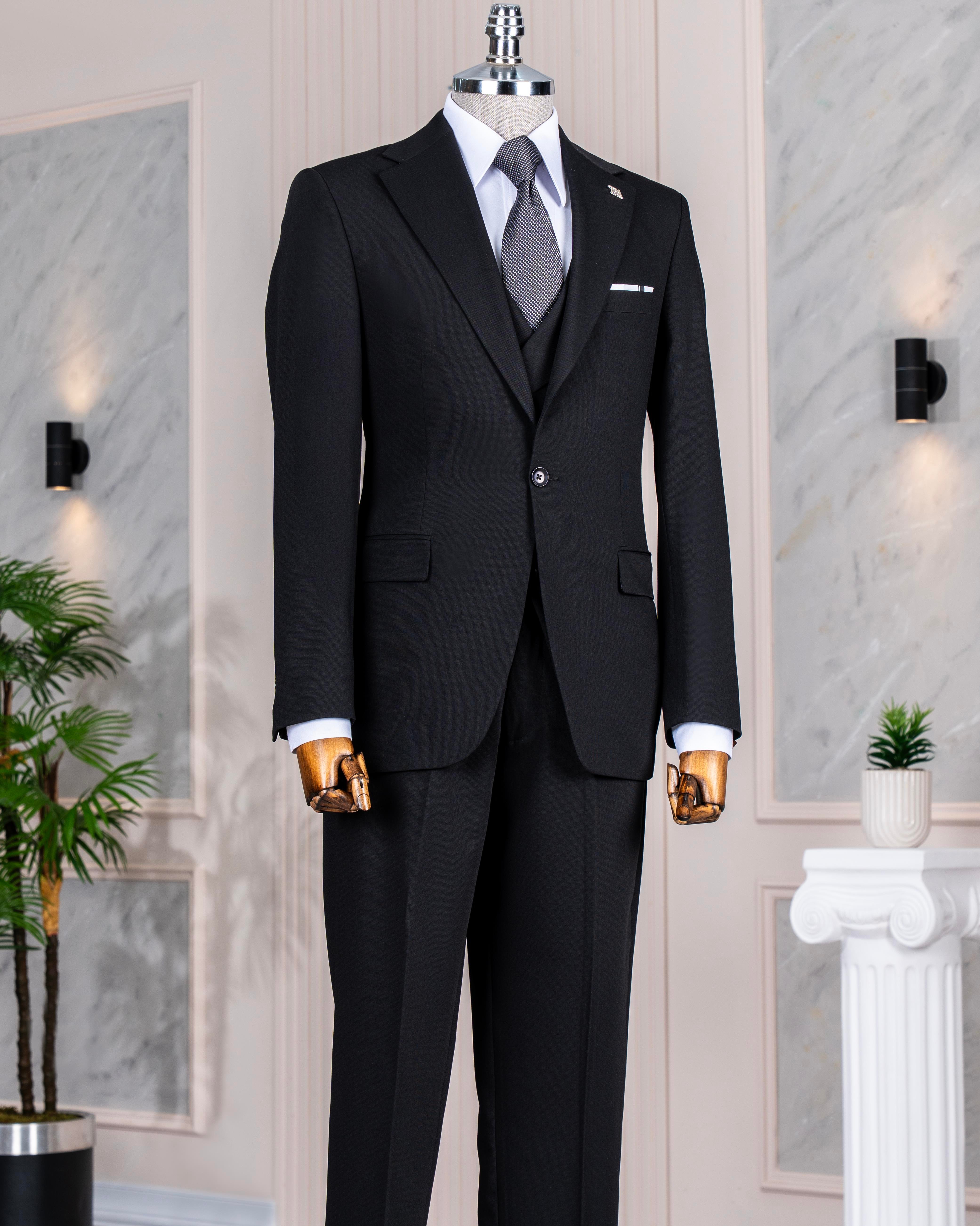 İtalyan stil slim fit ceket yelek pantolon takım elbise siyah T14187