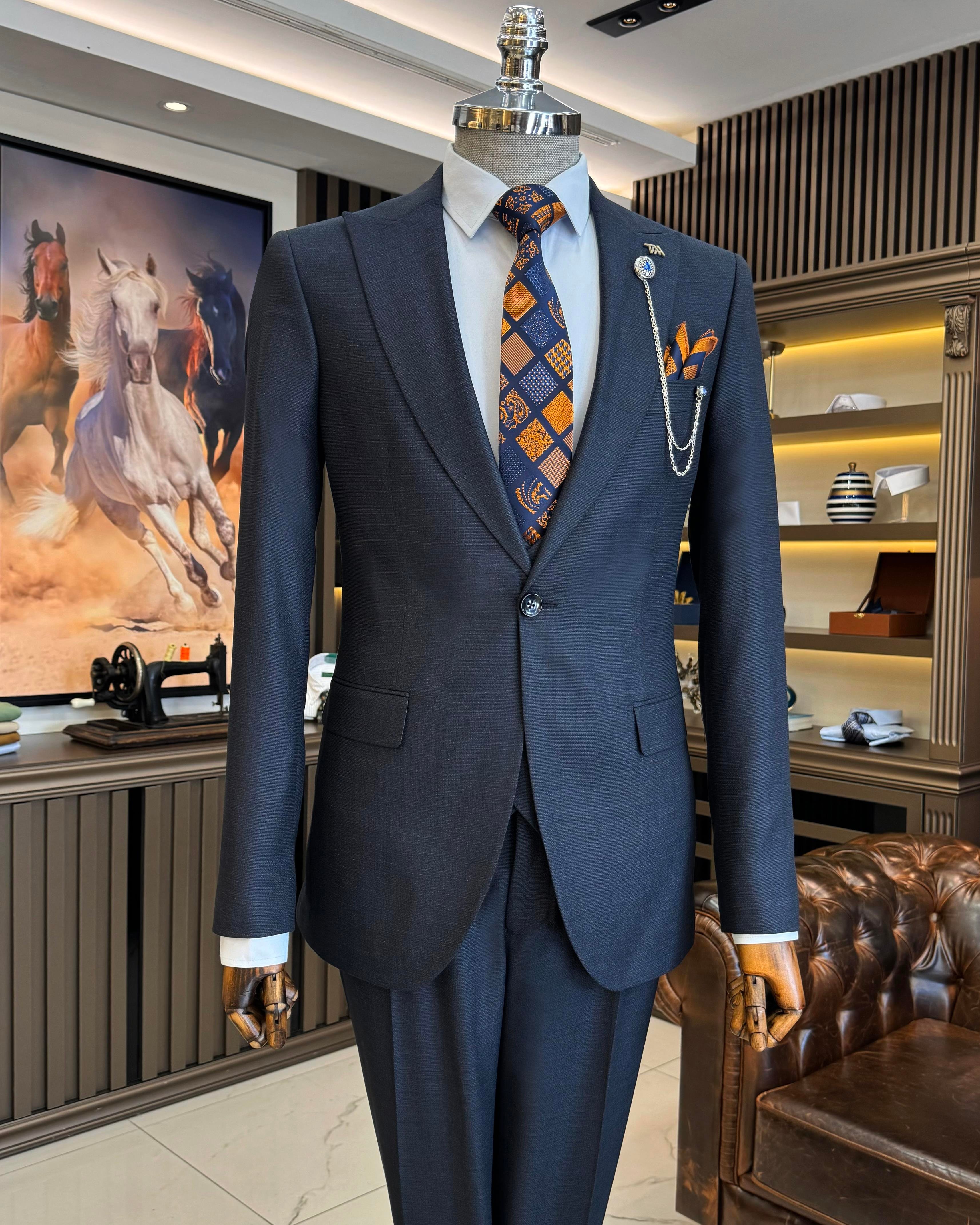 İtalyan stil slim fit ceket yelek pantolon takım elbise lacivert T10335
