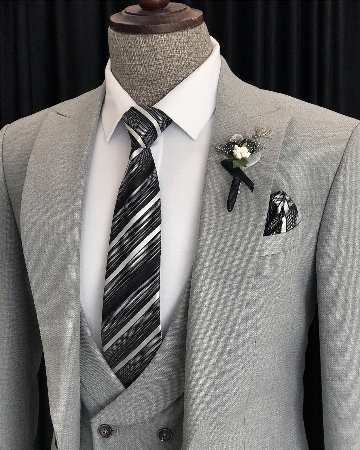 İtalyan stil slim fit ceket yelek pantolon gri takım elbise T7169