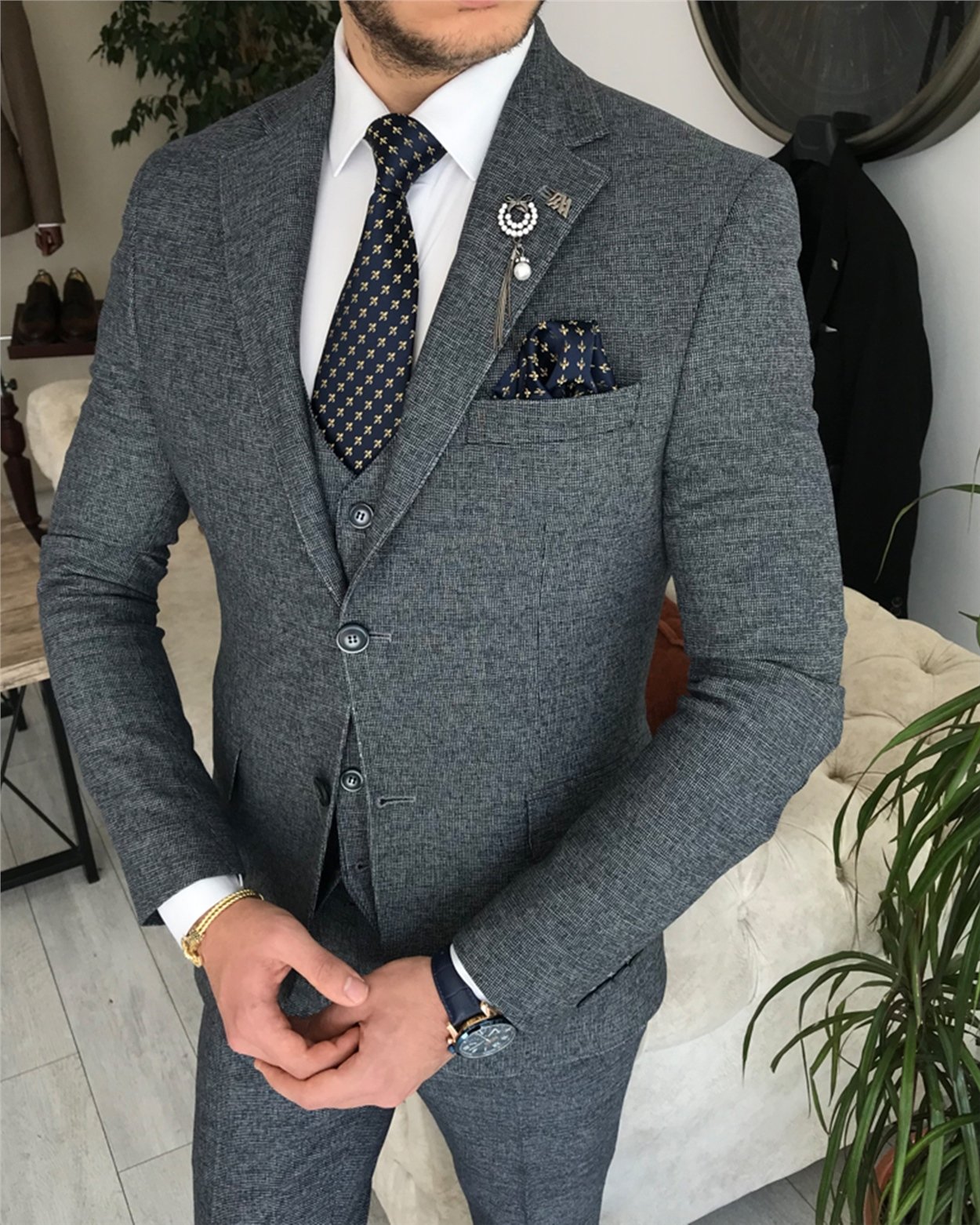 İtalyan stil slim fit ceket yelek pantolon takım elbise Lacivert T8352