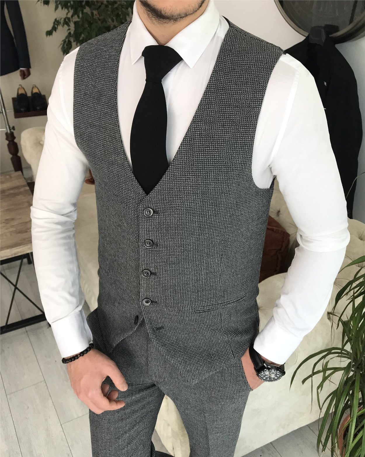 İtalyan stil slim fit ceket yelek pantolon takım elbise Gri T8356