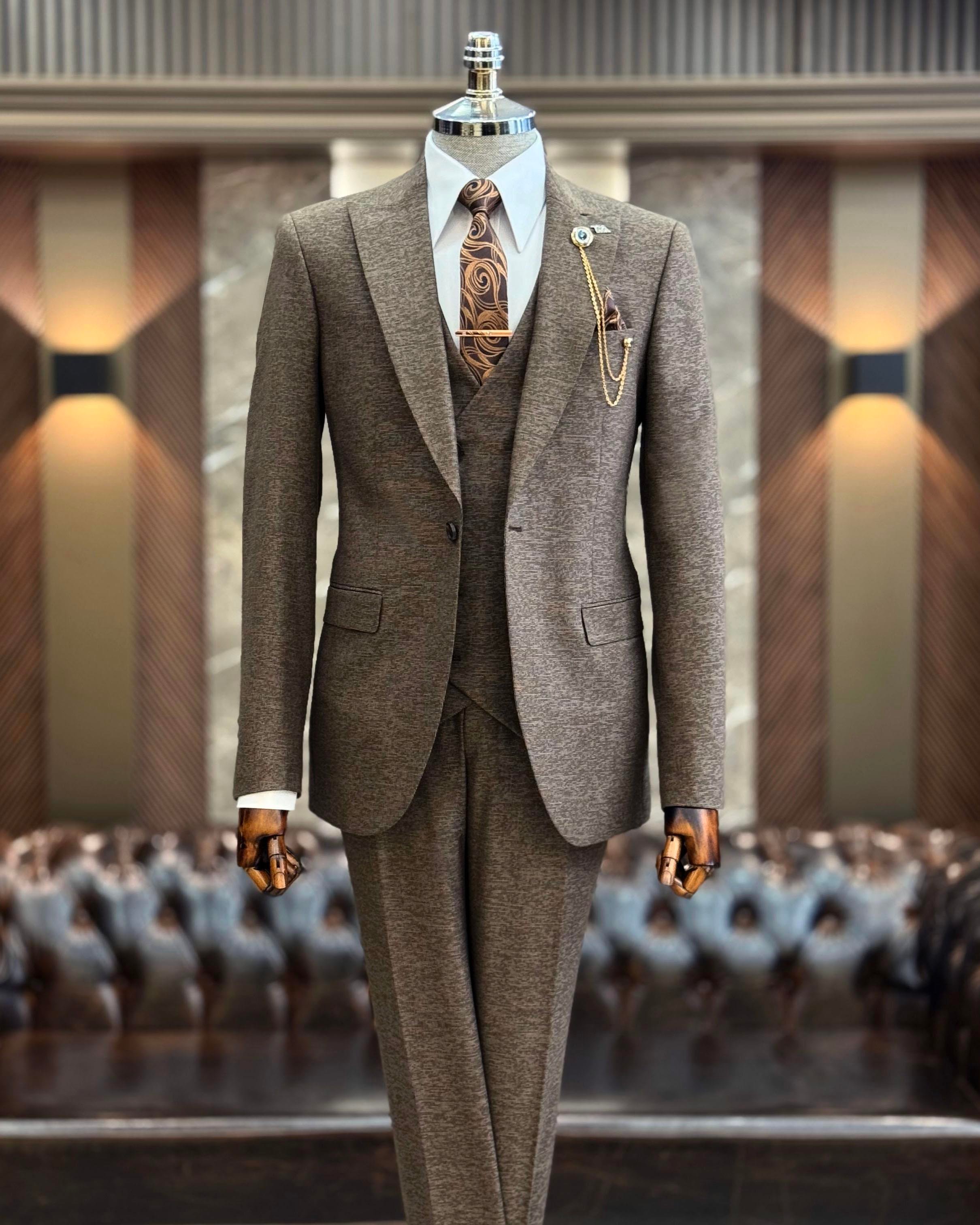 İtalyan stil slim fit ceket yelek pantolon takım elbise kahverengi T9953