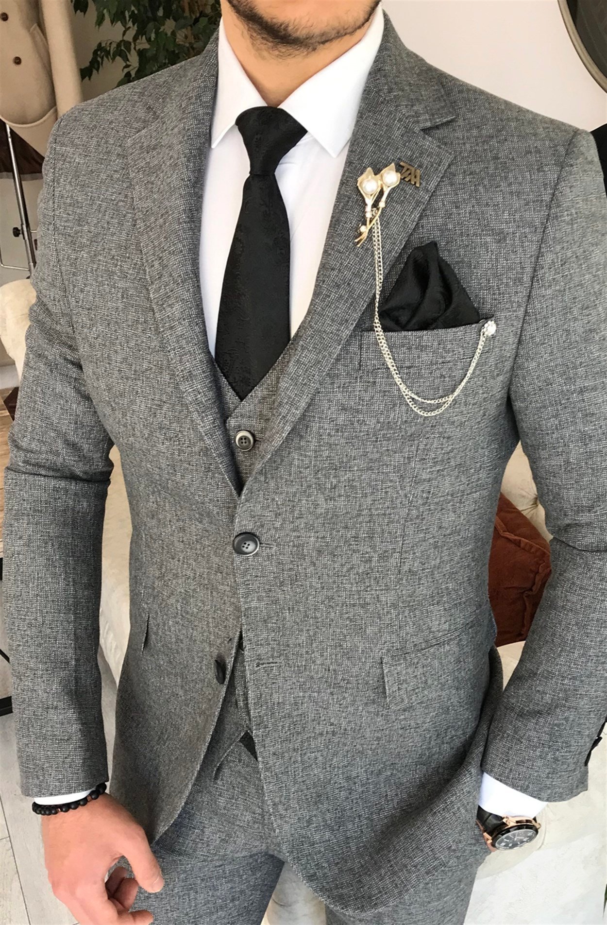 İtalyan stil slim fit ceket yelek pantolon takım elbise Gri T8351