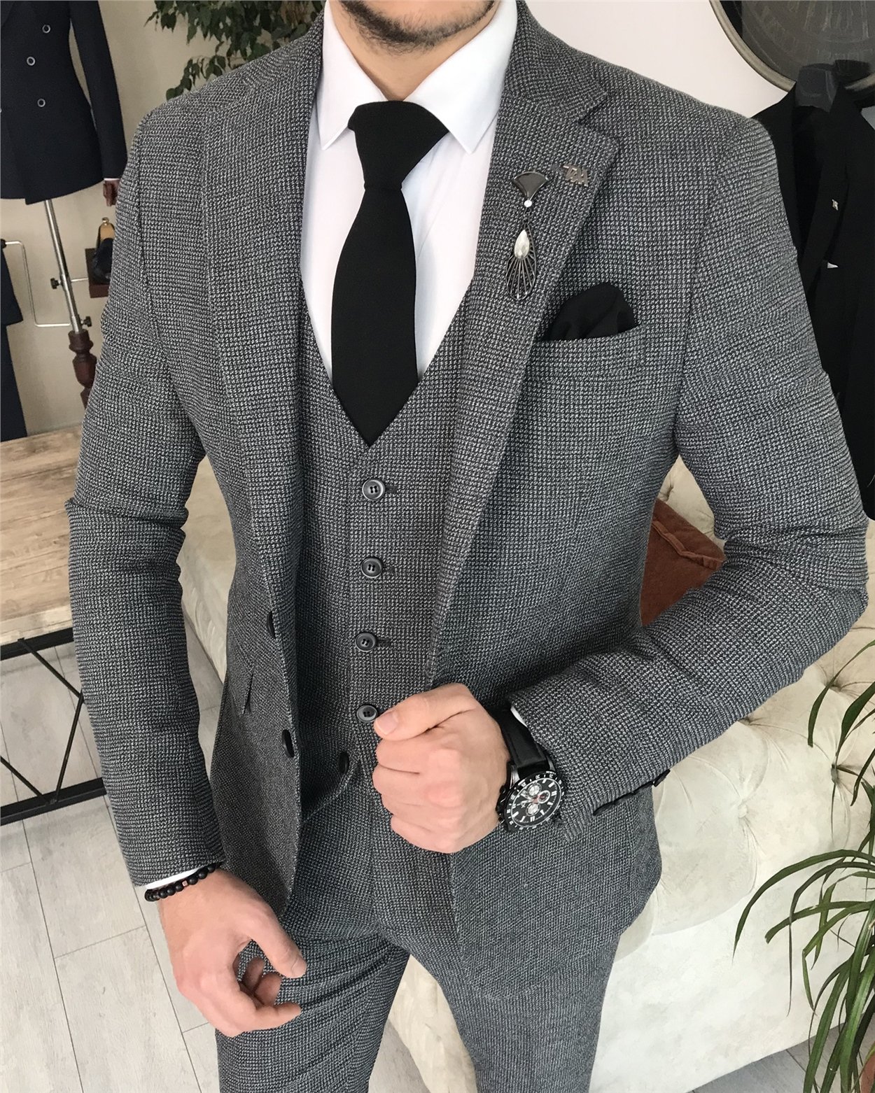 İtalyan stil slim fit ceket yelek pantolon takım elbise Gri T8356