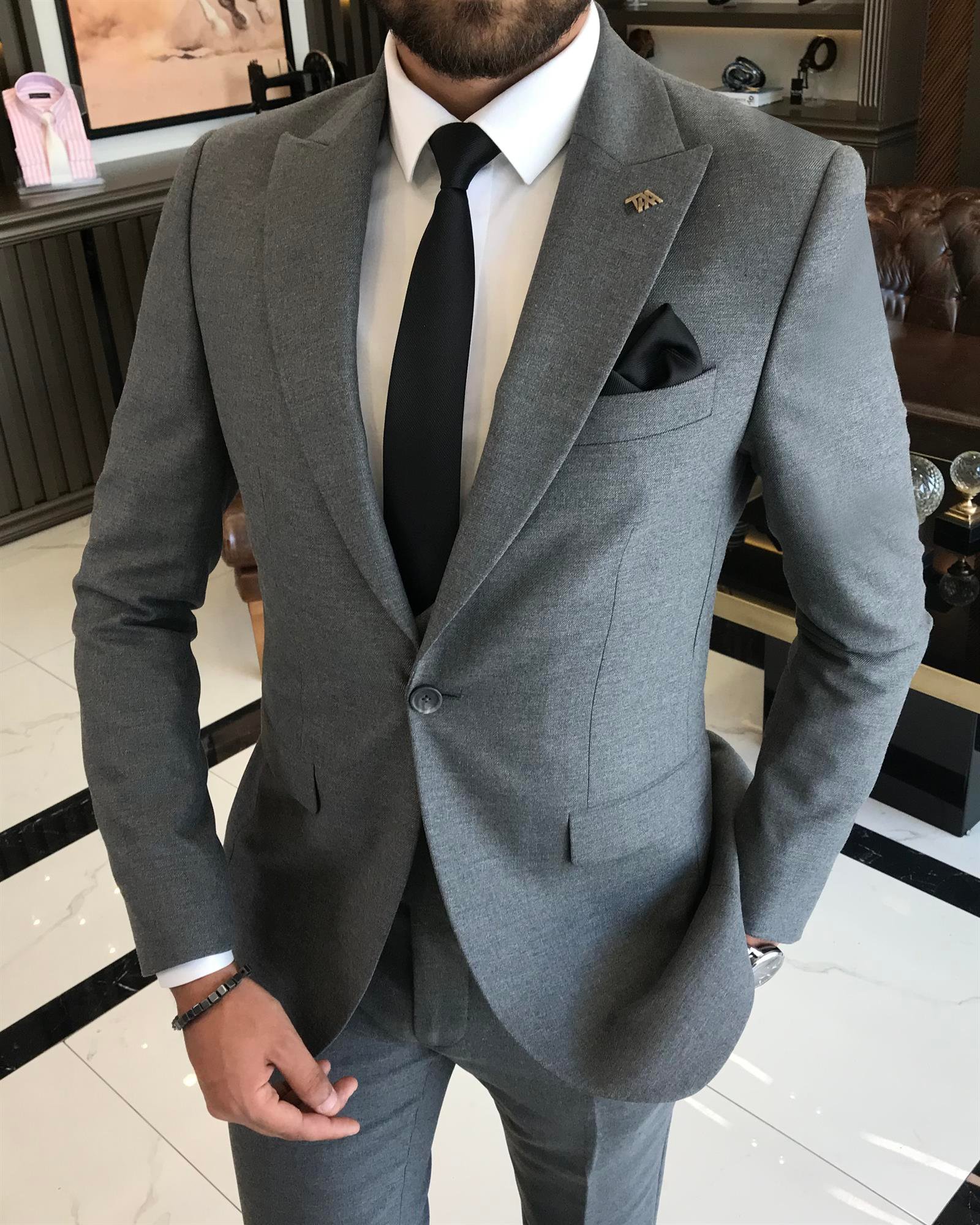 Italian style slim fit jacket vest pant suit anthracite T9685