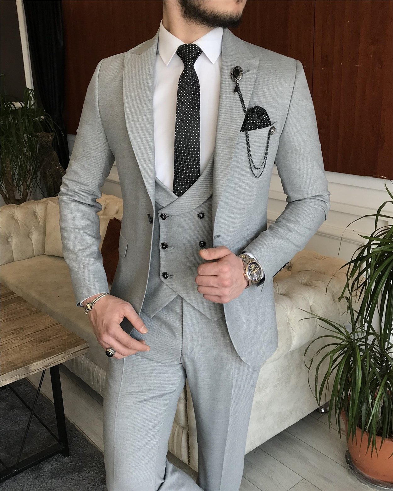İtalyan stil slim fit ceket yelek pantolon gri takım elbise T7169