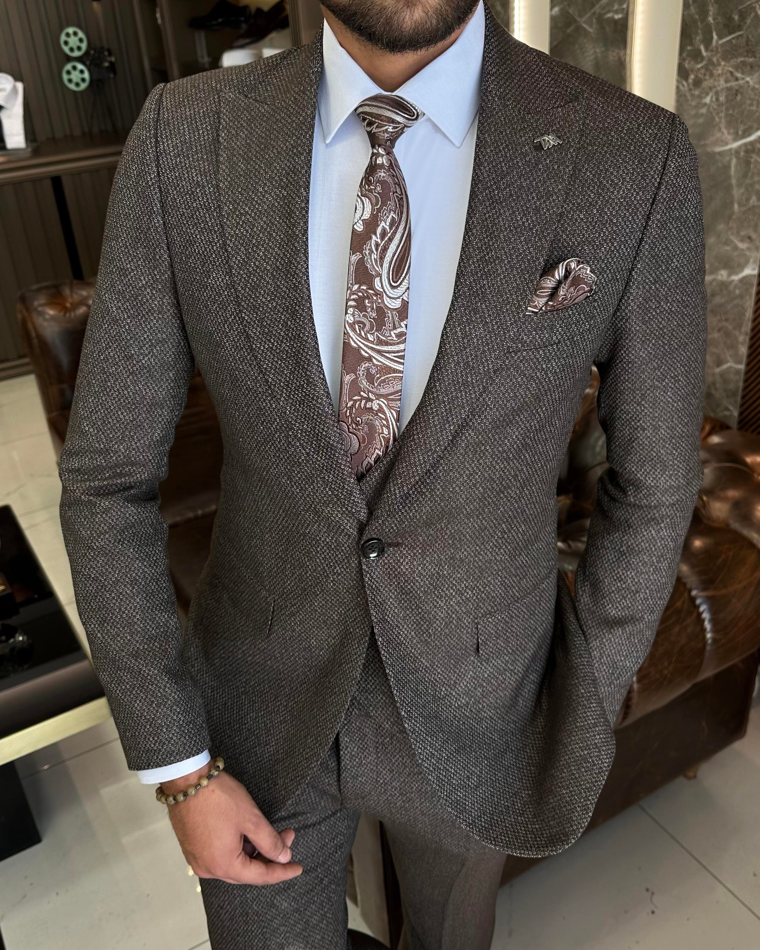 İtalyan stil slim fit ceket yelek pantolon takım elbise kahverengi T10322