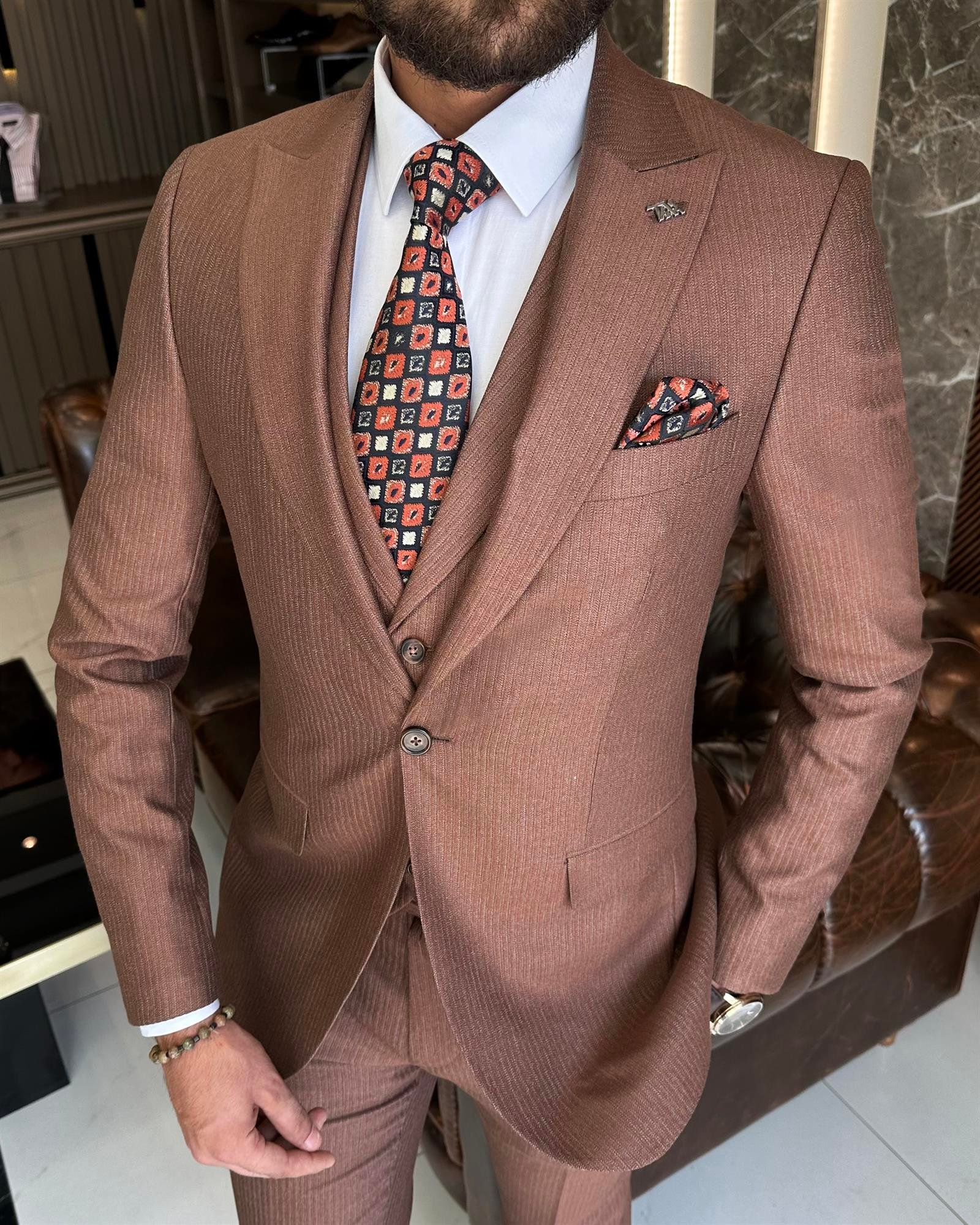 İtalyan stil slim fit ceket yelek pantolon takım elbise kahverengi T9959